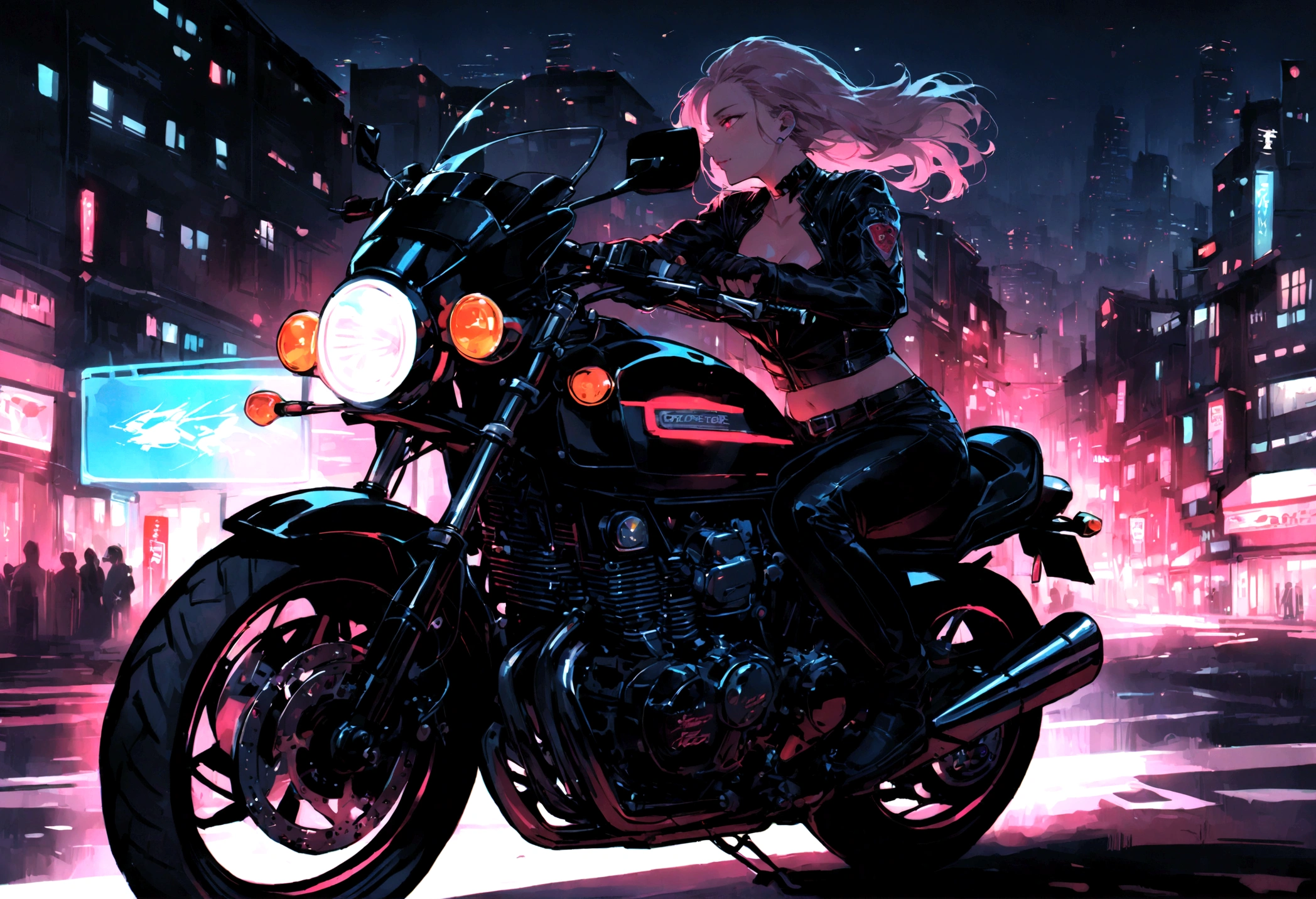 realistic sexy biker girl riding a honda cb 750 in speed, town background, masterpiece, sensual lighting, side view, detailed face, glowing red eyes,beautiful face, night japan town cyberpunk