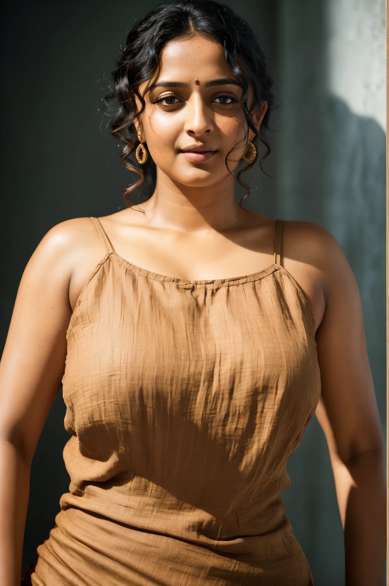 Looks like Anushka Shetty, a photo portrait of a beautiful girl 40 years old, with curls, styled black hair, (face portrait:1.5), dramatic light, Rembrandt lighting scheme, bust shot, linen tank top , top quality editorial photograph, skin texture, skin pores, chocolate skin, high quality skin, top quality photography, professional photography, professional retouching, insane detailing, warm moody tones, modern clothes,