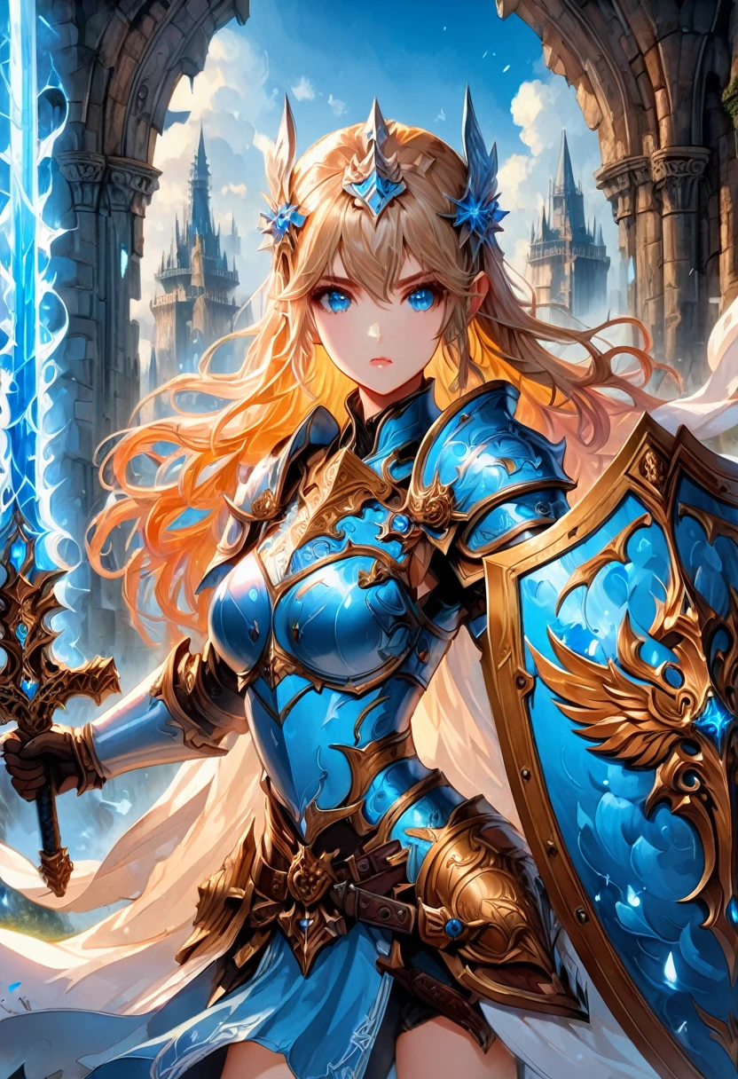 Female Warrior, Sword and shield, Art style of Huang Guangjian, alcohol ink style, oil painting style, mixed media, gorgeous female knight, blonde hair, ice blue eyes, wearing Viking helmet, (holding_enormous_intricate_embossed_heraldic_shield, shield front and center:1.8), hyperdetailed face, fantasy ancient ruins and crumbling towers background, intricately detailed cosmos skyline