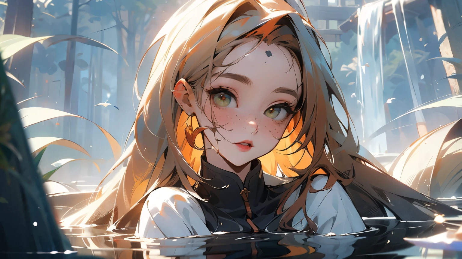 ((mejor calidad)), ((obra maestra)), (detallado), 1 chica, white woman, big, bright green eyes, freckles on her face, long, straight orange hair with red gradient downwards, bangs on her forehead, in a pond of water in the middle of nature, tender anime animation style