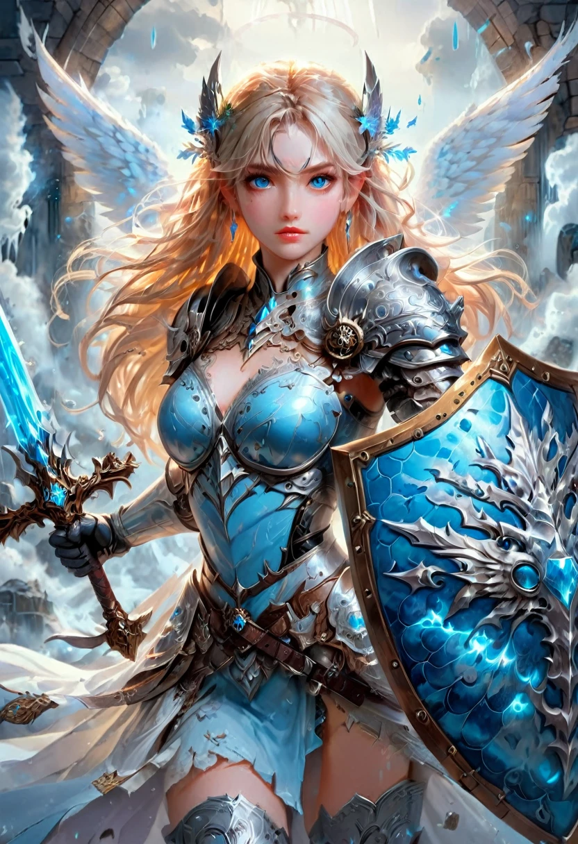 Female Warrior, Sword and shield, Art style of Huang Guangjian, alcohol ink style, oil painting style, mixed media, gorgeous female knight, blonde hair, ice blue eyes, wearing Viking helmet, (holding_enormous_intricate_embossed_heraldic_shield, shield front and center:1.8), hyperdetailed face, fantasy ancient ruins and crumbling towers background, intricately detailed cosmos skyline