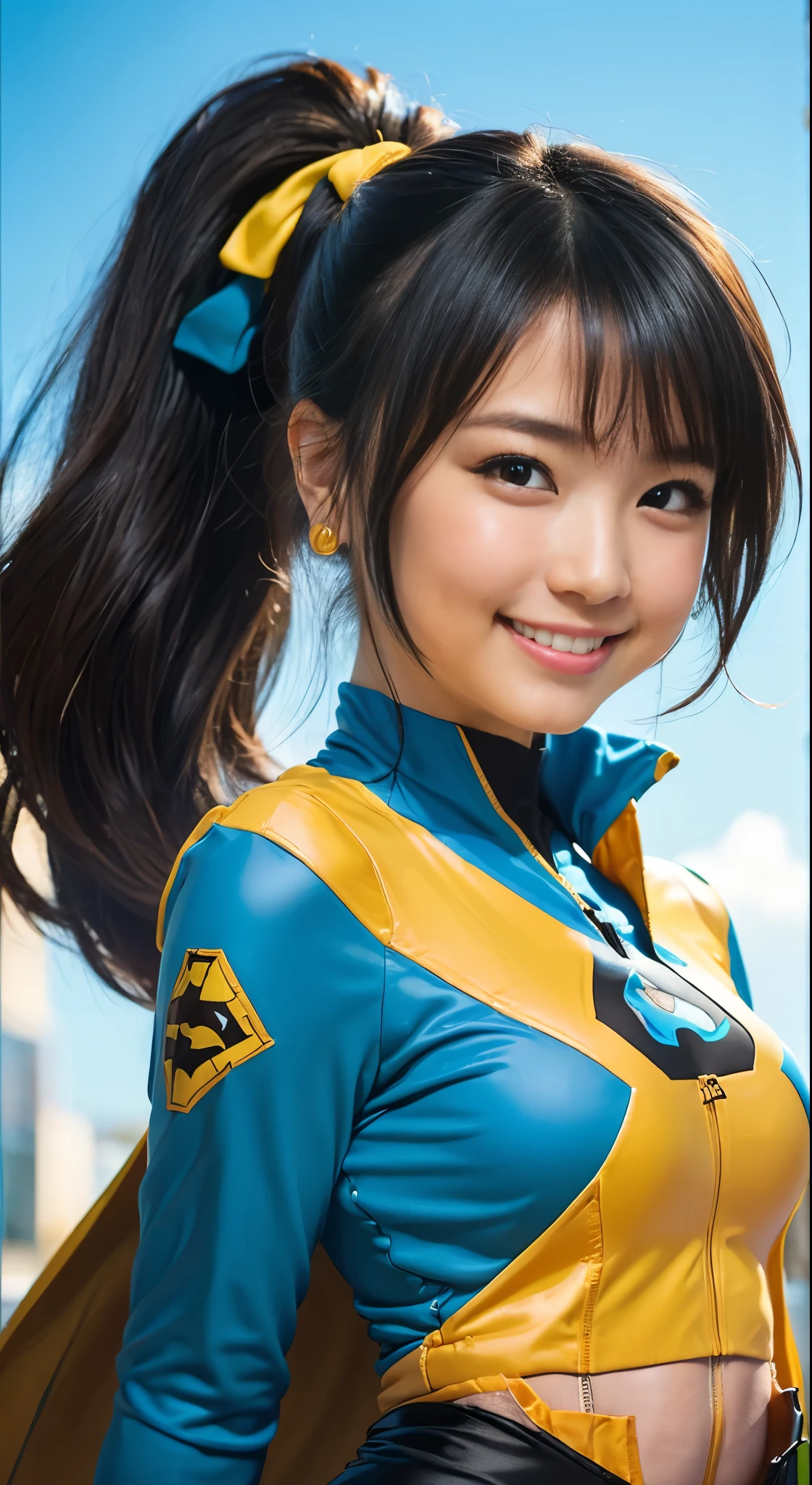 (8k、Raw photography、highest quality、masterpiece:1.2),(Black Hair、Dark Eyes:1.9),(High Ponytail:1.4)、View your audience,Viewed from the front,White skin,(Blue and yellow superhero suit:1.5)、(Tight waist:1.6)、(Clothes that accentuate the shape of the breasts:1.0)、(Big Breasts :1.3)、Slim figure、Ultra-high resolution,beautiful,beautiful fece,(one person、No background:1.9),whole bodyボディー,Japanese women,(reality的:1.37)、Photon Mapping,reality、(Baby-faced and cute: 1.5)、(Cute Smile: 1.8)、(Round face: 1.8)、Radio City、Physically Based Rendering、Depth of field rally background、photograph, (I can see your knees、Thigh close-up:1.8),(Camel Toe:1.6),whole body、Great quality