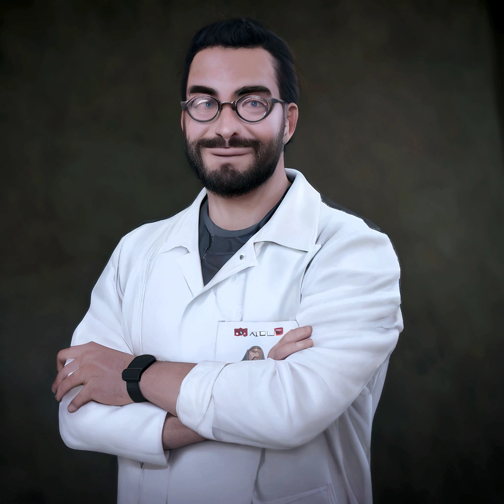 a man in a lab coat and glasses smiles at the camera, doutor, Marco Bucci, emanuele dascanio, medical doutor, wearing lab coat and glasses, foto profissional, michael maurino, hasan piker, Guilherme H.. pongiluppi, contra um fundo escuro, alessandro barbucci, daniel mirante