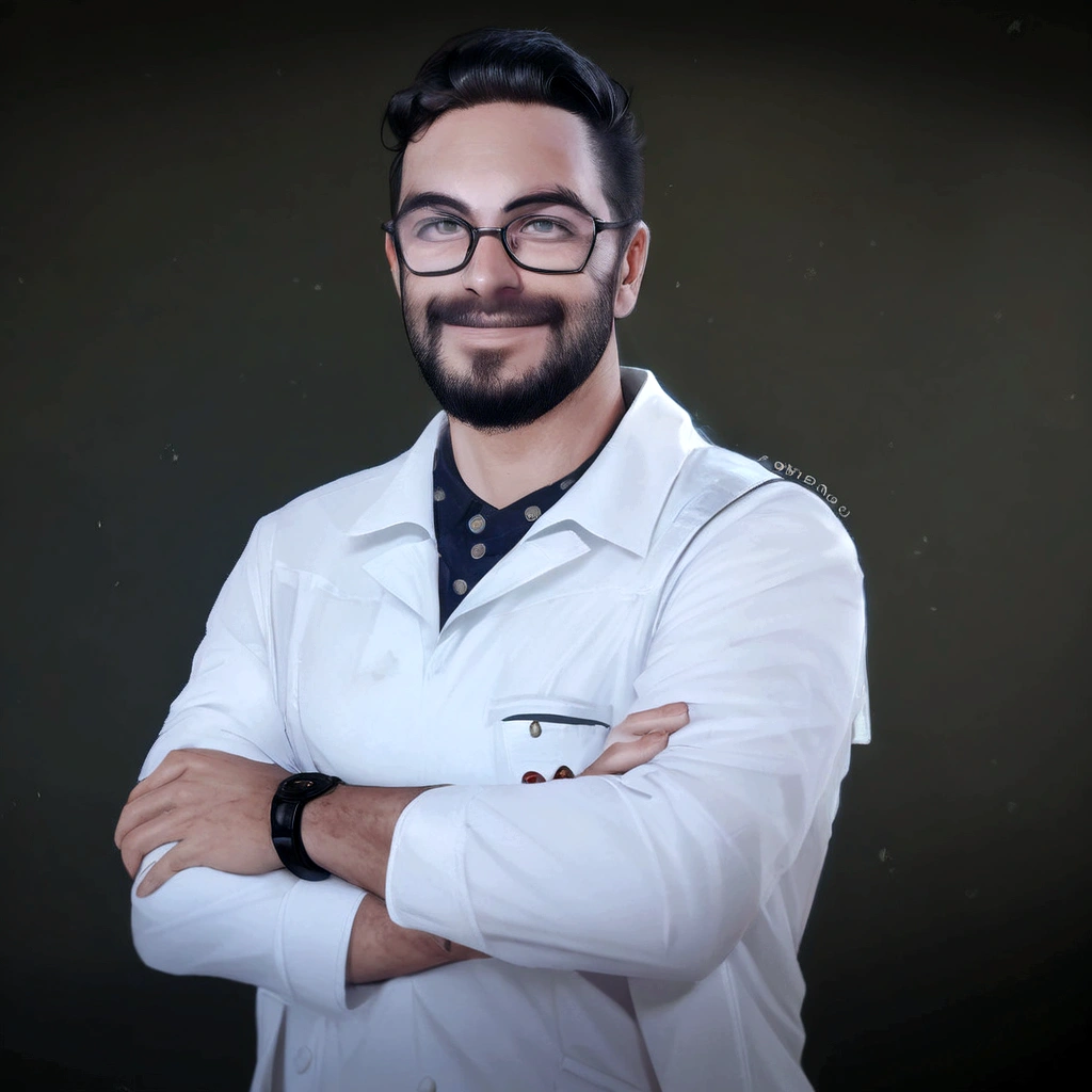 a man in a lab coat and glasses smiles at the camera, doutor, Marco Bucci, emanuele dascanio, medical doutor, wearing lab coat and glasses, foto profissional, michael maurino, hasan piker, Guilherme H.. pongiluppi, contra um fundo escuro, alessandro barbucci, daniel mirante