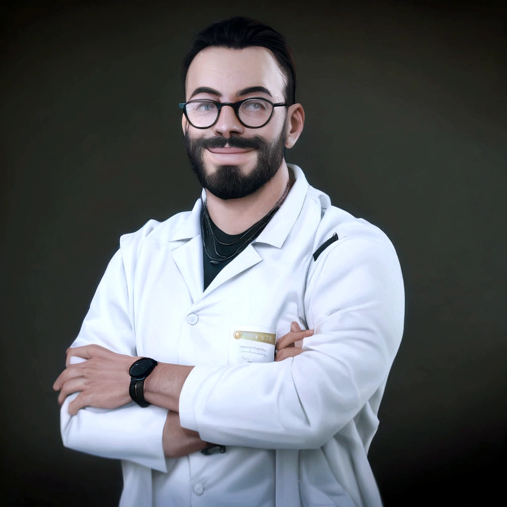 a man in a lab coat and glasses smiles at the camera, doutor, Marco Bucci, emanuele dascanio, medical doutor, wearing lab coat and glasses, foto profissional, michael maurino, hasan piker, Guilherme H.. pongiluppi, contra um fundo escuro, alessandro barbucci, daniel mirante