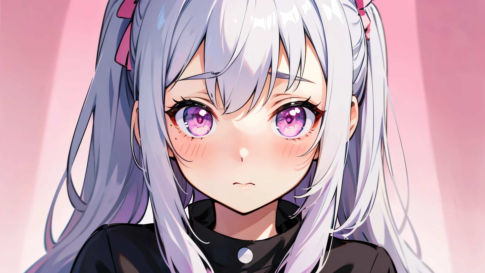 one girl, very beautiful face, beautiful eyes, detailed eyes, detailed face, detailed hair, masterpiece, anime girl, pink eyes, silver hair, , kawaii, two pony tails, very young, big , pixiv, illustration, very high quality, masterpiece, , pink cheeks, looks at you, blush, heavy blush, so shy, very shy, big boobs, sexy,