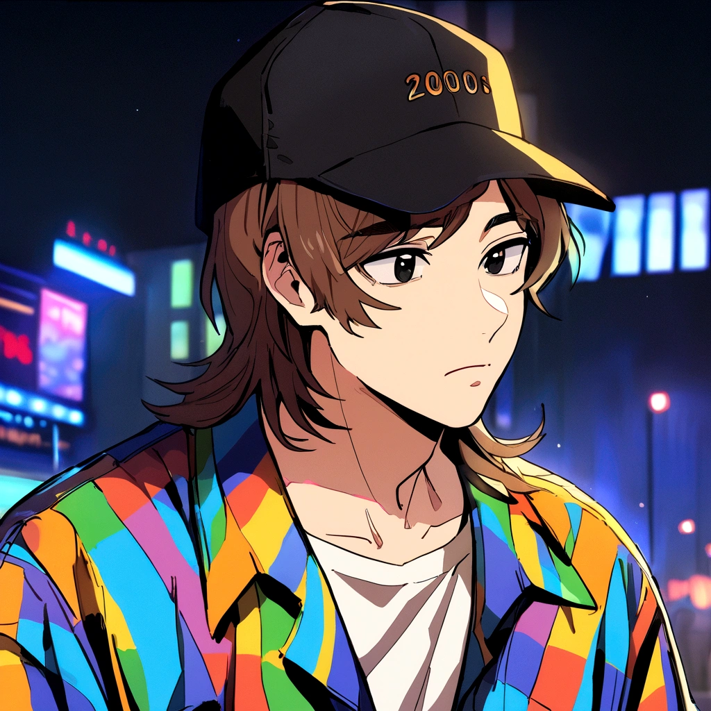 similar song kang, 18 year old korean man, black cap trucker, 2000s white shirt, plaid shirt, neutral expression, shaggy medium hair, brown hair, black eyes, hq style, highly detailed, high quality ilumination.