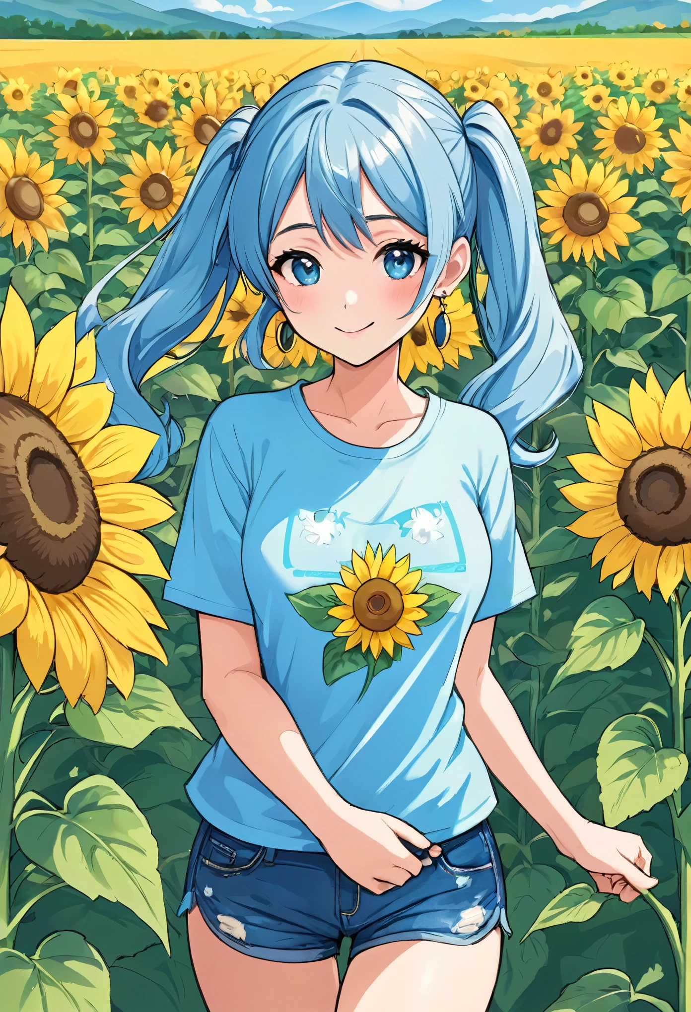 Illustration of a 25 year old woman with earrings, Light blue long hair, Beautiful girl with twin tails、Pink T-shirt and short denim shorts, She is walking in a field of sunflowers、Bright smile、Digital illustration style, Manga style illustration, Beautiful art style, trending on artstration, Beautiful digital illustrations, Beautiful digital art, Cartoon Art Style, Cute and detailed digital art, Exquisite digital illustrations, Cute design, Great art style, Vector Art Style, Digital anime illustration, 2D illustration