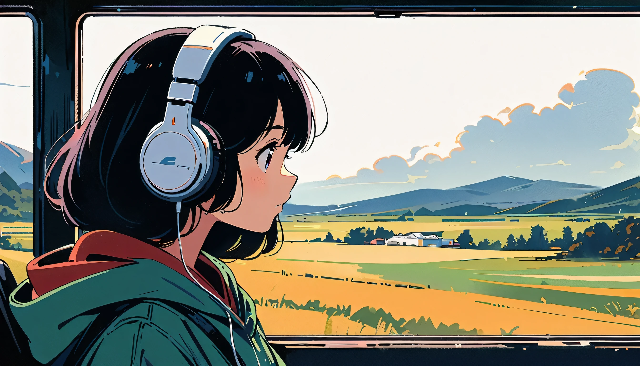 25 year old girl, listening to music in her headphones, beautiful rainy landscape outside the bus window, lofi style, ghibli style, long black hair, 4k definition, profile view, looking at the horizon, big headphones.
