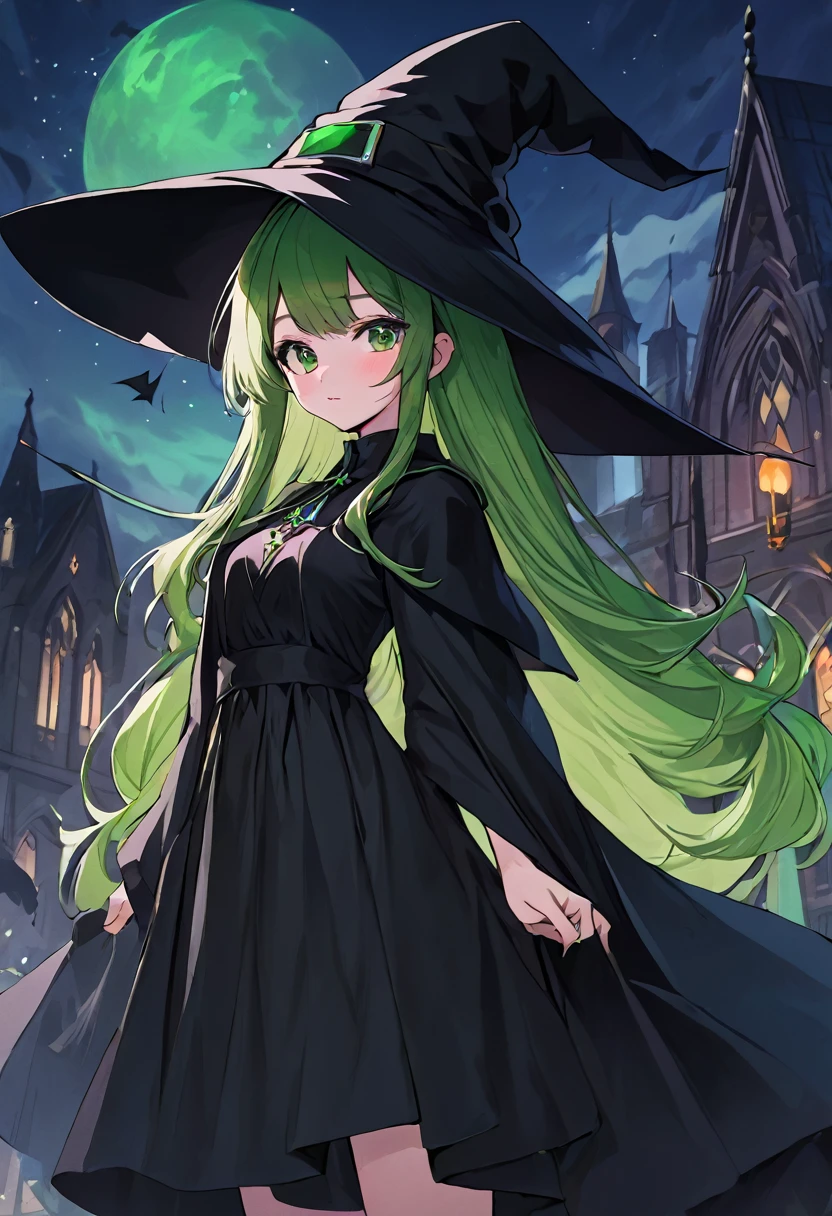 a close up of a person wearing a hat and dress, flirty anime witch casting magic, gothic maiden anime girl, anime girl with long hair, fashionable dark witch, in a cloak with long hairs, anime girl wearing a black dress, dark witch character, witch academia, with a green cloak, witch girl, classical witch, green hair, haloween, backgraund night alley