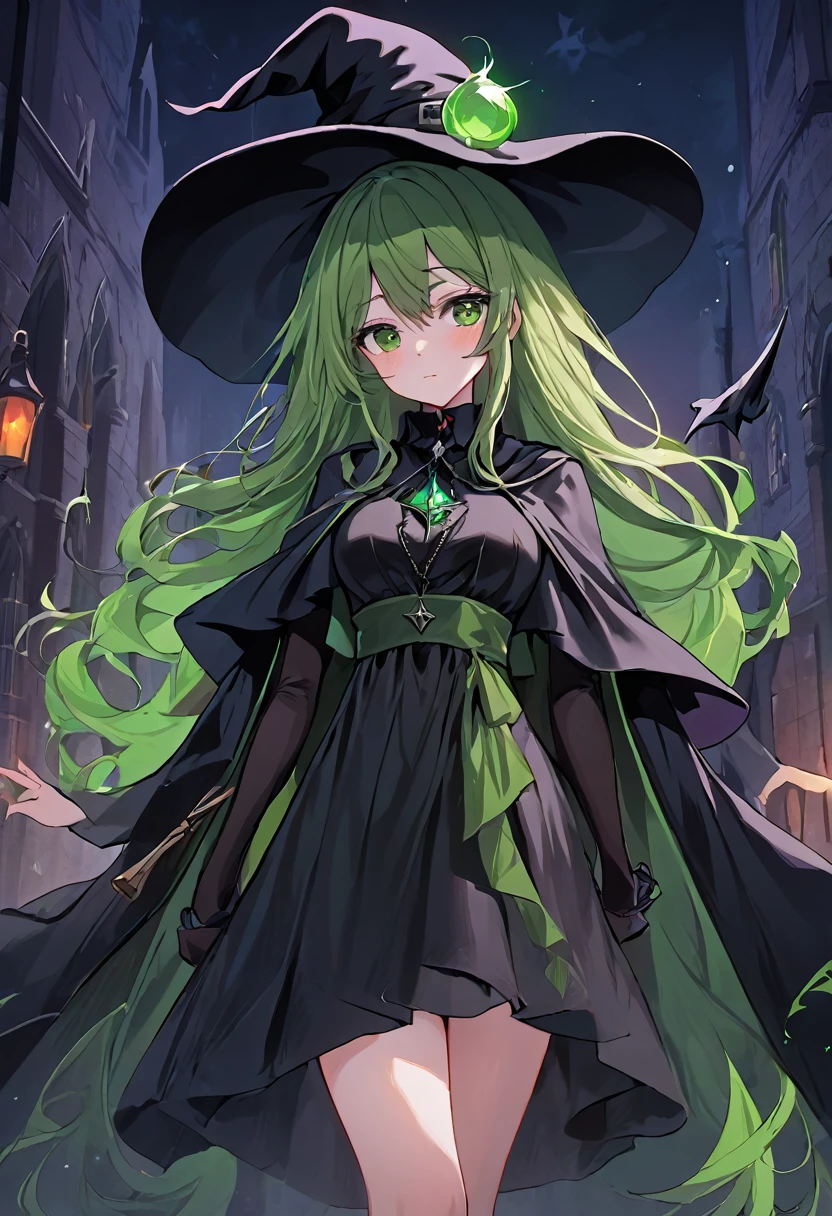 a close up of a person wearing a hat and dress, flirty anime witch casting magic, gothic maiden anime girl, anime girl with long hair, fashionable dark witch, in a cloak with long hairs, anime girl wearing a black dress, dark witch character, witch academia, with a green cloak, witch girl, classical witch, green hair, haloween, backgraund night alley