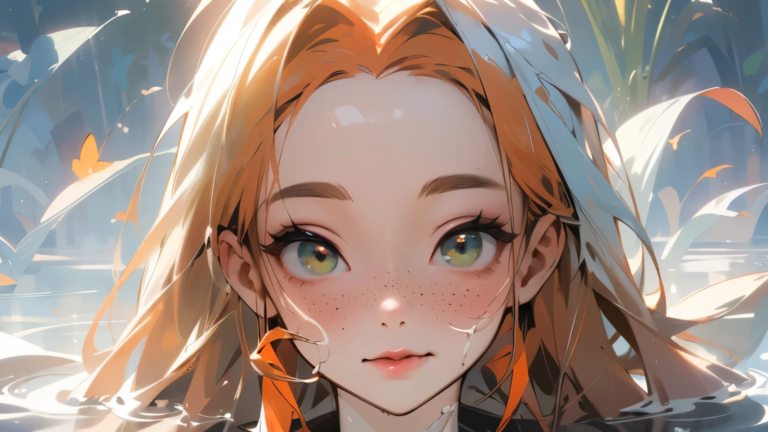 ((mejor calidad)), ((obra maestra)), (detallado), 1 chica, white woman, big, bright green eyes, freckles on her face, long, straight orange hair with red gradient downwards, bangs on her forehead, in a pond of water in the middle of nature, tender anime animation style
