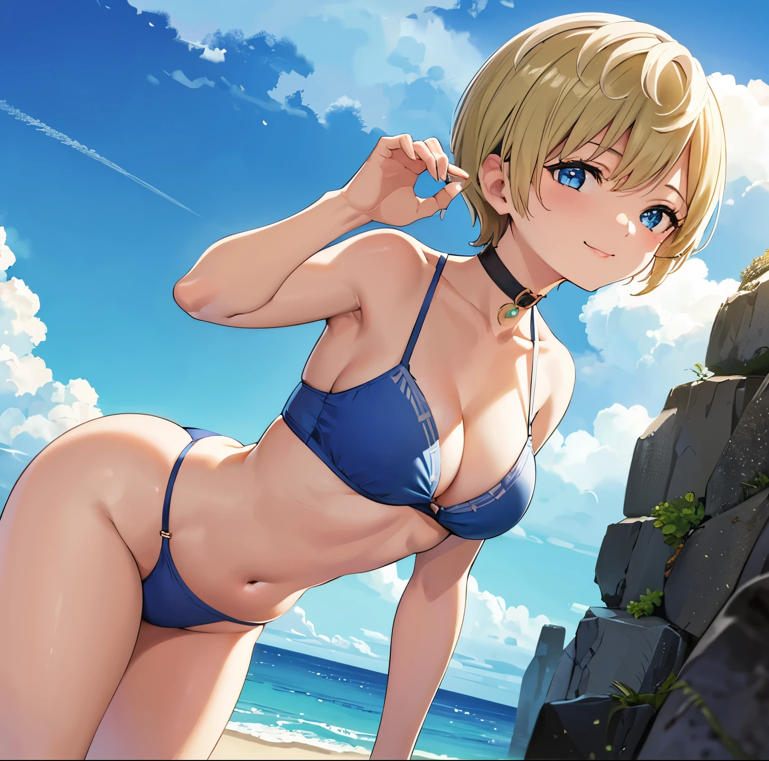 1girl, solo, Tenka izumo, masterpiece, best quality, detailed, absurd, perfect anatomy, perfect hands, blue bikini, blue bra, blue thong, choker, standing, sideways, counterweight, looking at viewer, looking back, from behind, focus on ass, pob smile (from below), dynamic pose, cowboy photo, outside, beach, sea, sunny, clouds, sexy body, seductive, sexy posture, good lighting, big breasts, medium waist, wide hips, medium thighs, short hair, blonde hair, blue eyes,