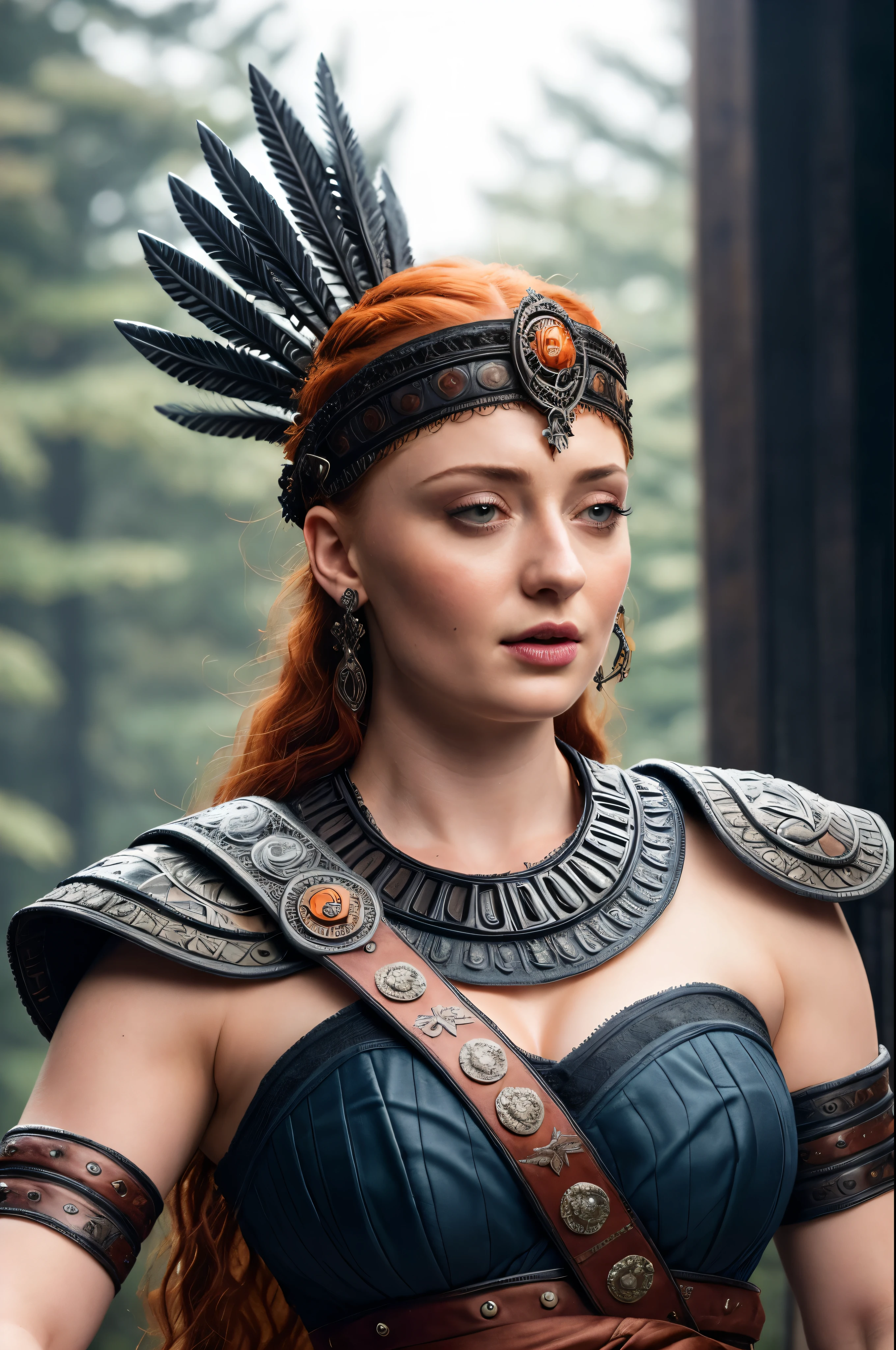 Face of Sophie Turner, Sansa Stark played by Sophie Turner, the de facto Lady of the Eyrie, is a 40-year-old mature queen with a stunning, alluring appearance. Full Face, Full figured woman, pierced eyes, reddish lips, upper body shot, erotic Mediaeval costumes, game of thrones costumes, She wears a Game of Thrones-inspired costume and has a deep cleavage, a perfect thick body, and a perfect thick figure. The photograph captures her in a close-up, with her skin texture and facial features being ultra-realistic and realistic. Juicy thick figure, high quality skin, Skin pores, amazing details, snow, snow flakes, semi realistic, extremely detailed eyes, dark moody orange and black settings, cool environment, artificial intelligence