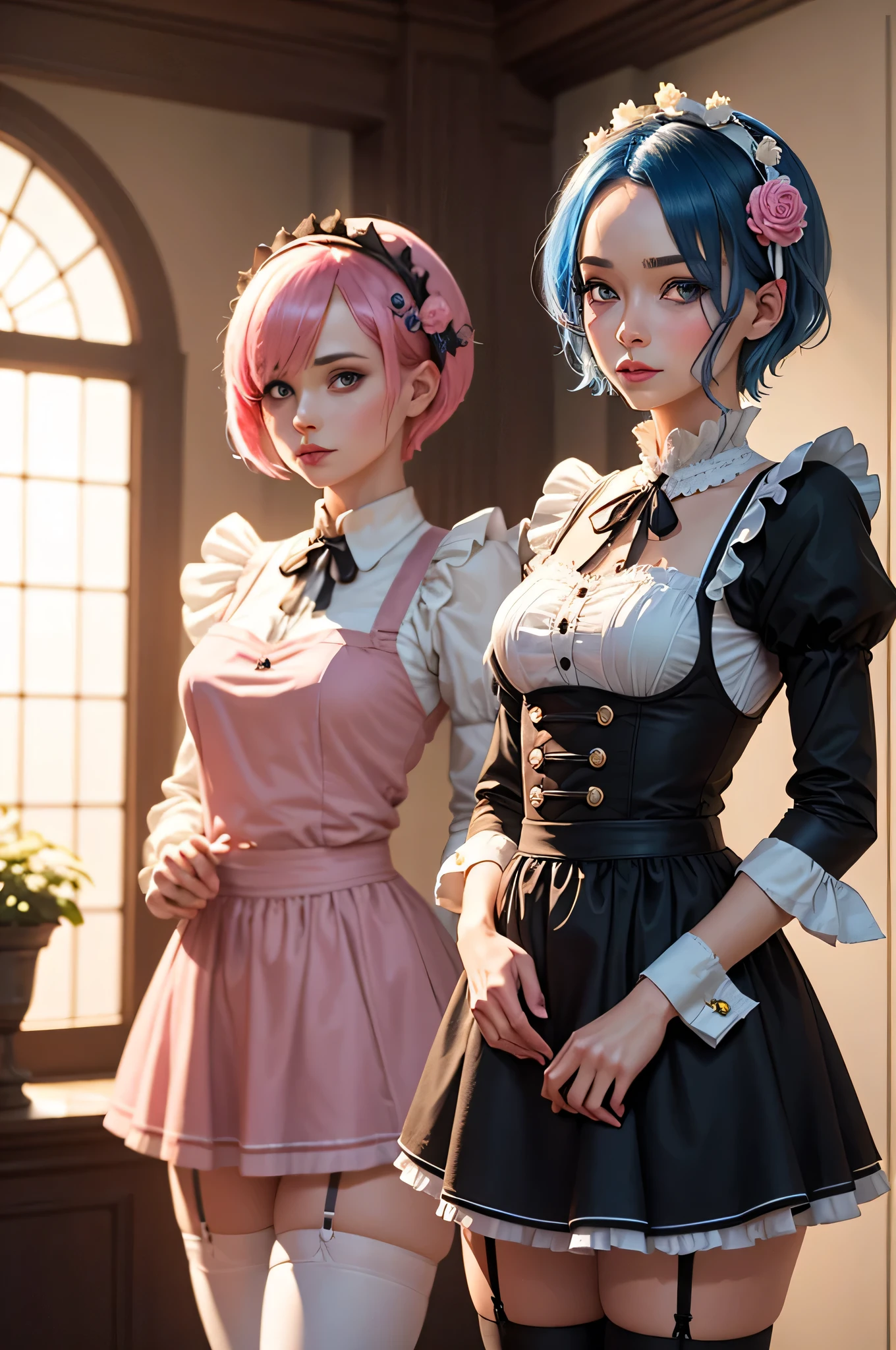 (highest quality:1.2, Very detailed, Latest, Vibrant, Super Detail, Ultra-high resolution, High Contrast, masterpiece:1.2, highest quality, Best aesthetics), Two people, (2 women), Two women posing side by side, Woman on the right:rem \(re:zero\), blue eyes, blue hair, hair ornament, hair over one eye, hair ribbon, short hair, x hair ornament, nayutaren, blue hair, roswaal mansion maid uniform, Woman on the left:ram \(re:zero\), pink hair, white thighhighs, short hair, red eyes, hair over one eye, hair ribbon, x hair ornament, maid headdress, waist apron, garter straps, black ribbon, small breasts, detached sleeves, neck ribbon, hair flower, roswaal mansion maid uniform, Dynamic Angle, Random Pause, Cowboy Shot,