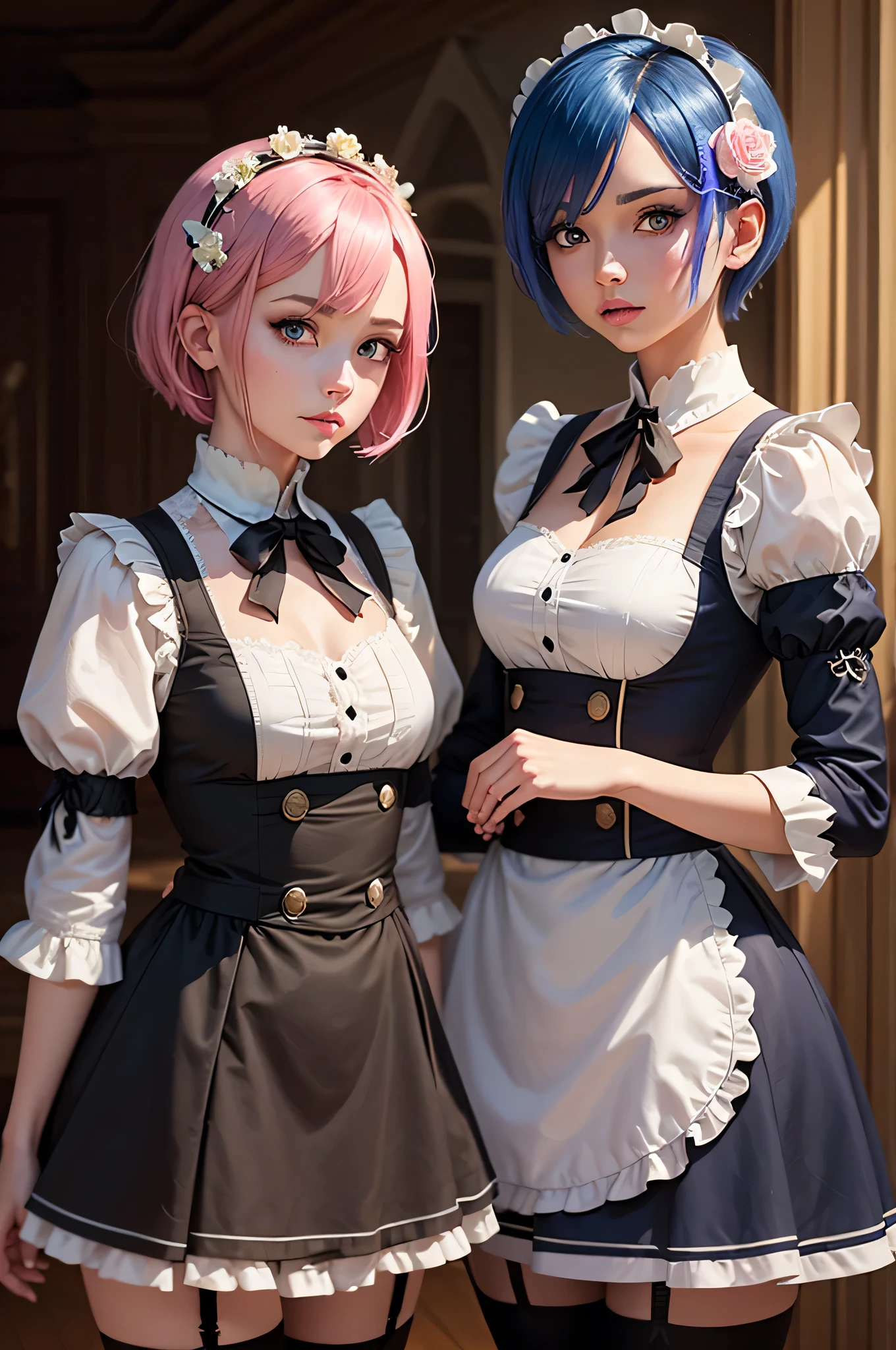 (highest quality:1.2, Very detailed, Latest, Vibrant, Super Detail, Ultra-high resolution, High Contrast, masterpiece:1.2, highest quality, Best aesthetics), Two people, (2 women), Two women posing side by side, Woman on the right:rem \(re:zero\), blue eyes, blue hair, hair ornament, hair over one eye, hair ribbon, short hair, x hair ornament, nayutaren, blue hair, roswaal mansion maid uniform, Woman on the left:ram \(re:zero\), pink hair, white thighhighs, short hair, red eyes, hair over one eye, hair ribbon, x hair ornament, maid headdress, waist apron, garter straps, black ribbon, small breasts, detached sleeves, neck ribbon, hair flower, roswaal mansion maid uniform, Dynamic Angle, Random Pause, Cowboy Shot,