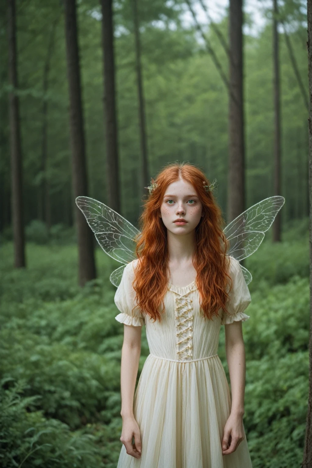 score_9, score_8_up, score_7_up, masterpiece, source_photo, (realistic:1.4)
very aesthetic, best quality, masterpiece, absurdres, (rating_safe), detailed face and eyes, fairy with wings, ginger hair, messy hair, dress, fireflies, forest, green eyes, (freckles:0.8)