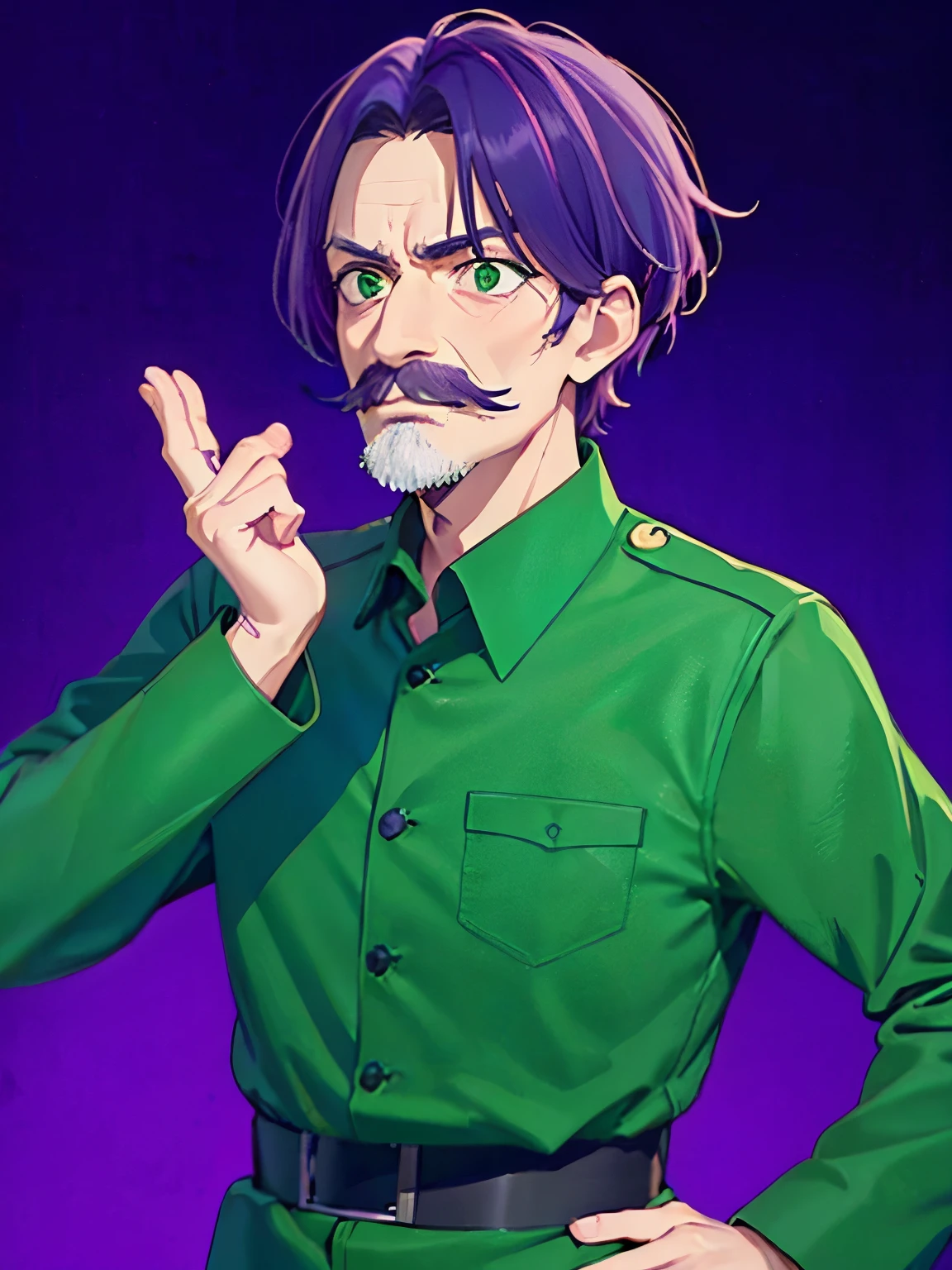 1 old man, 70 years old, ,talking,Confused expression, holding chin,purple hair,short hair, green eyes, purple mustache, green army uniform,ultra detail, ultra HD, standing,Thin body,half body photo