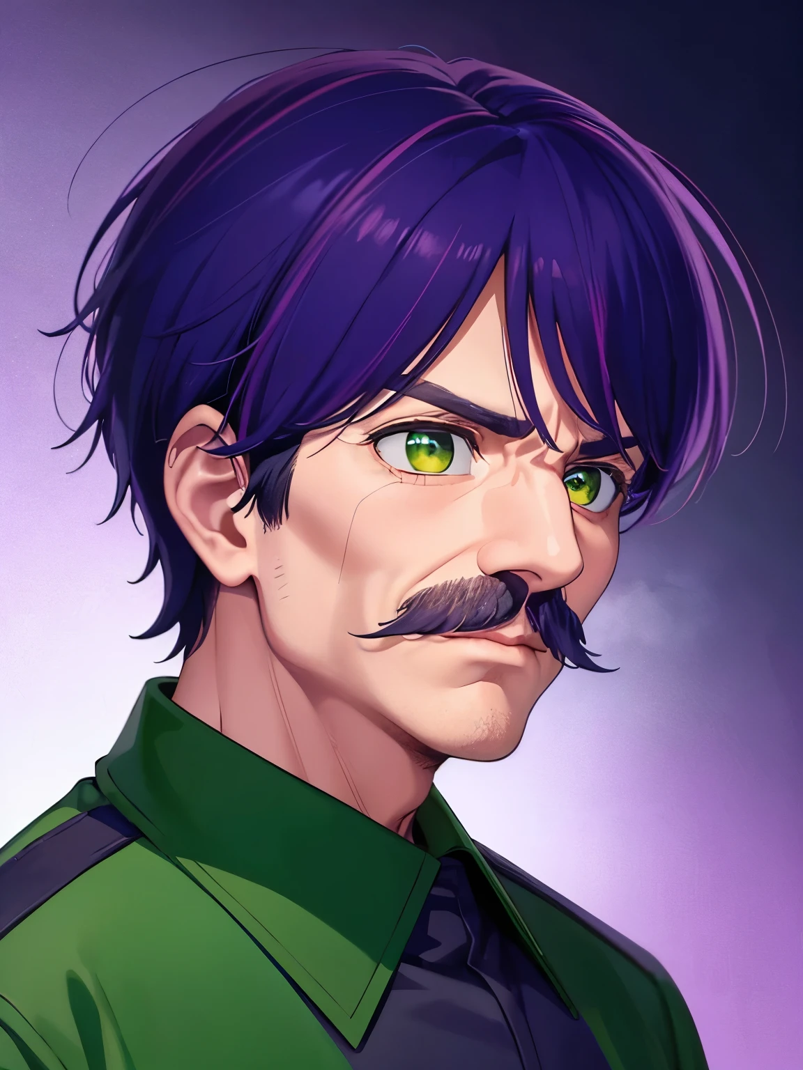 1 old man, 70 years old, ,talking,Confused expression, holding chin,purple hair,short hair, green eyes, purple mustache, green army uniform,ultra detail, ultra HD, standing,Thin body,half body photo