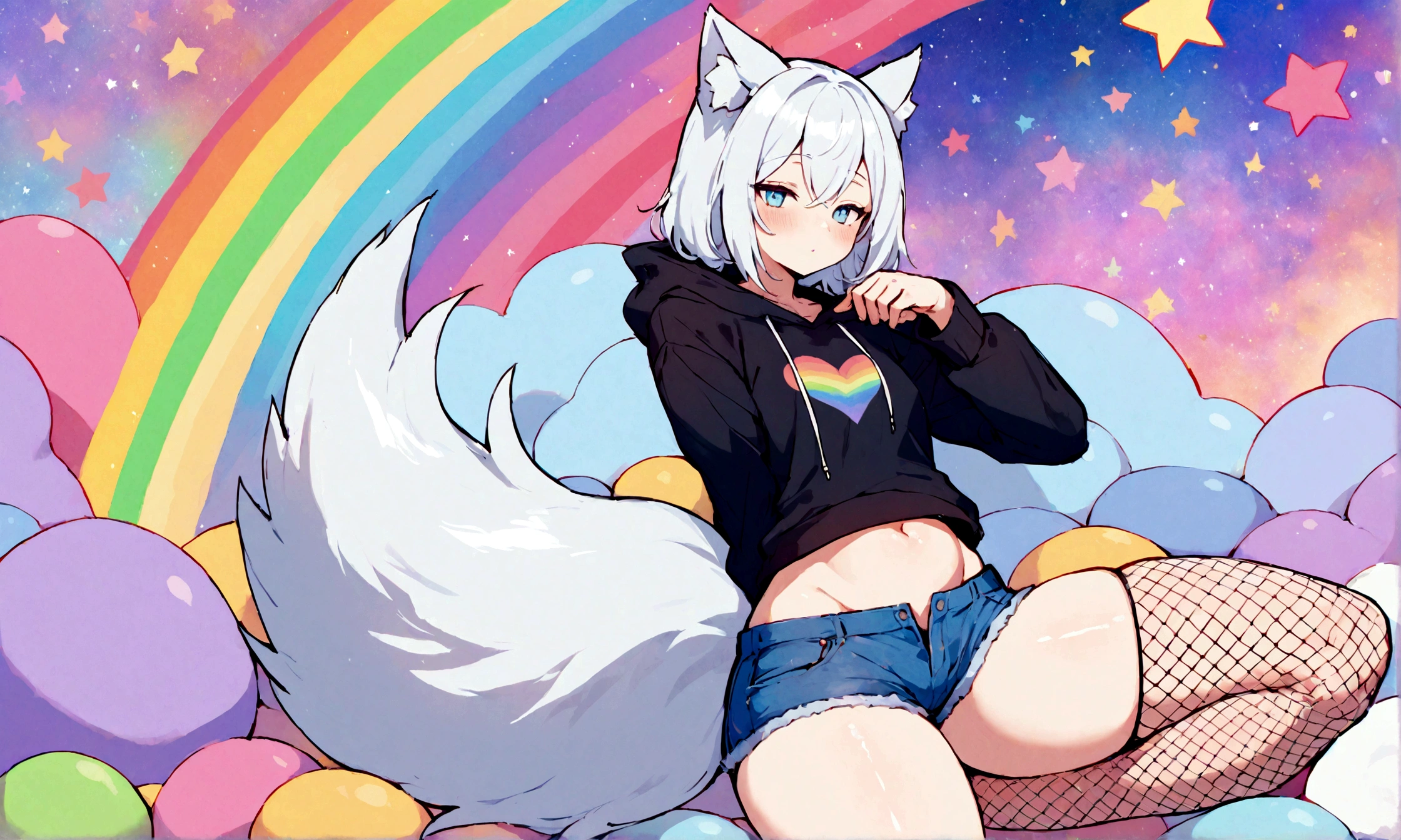 a cute adult male with wolf ears, white hair, has a wolf tail, wearing a loose cropped oversized black hoodie, wearing a pair of denim short shorts and fishnet stockings, thick thighs, wide hips, relaxing on mound of fluffy multi colored kawaii plushies, short, very slim, showing slender tummy, stretching out, heart on hoodie, squishy thighs, has glowing blue eyes. alone, solo (ALONE)(SOLO), surrounded by rainbows, colorful galaxy backround