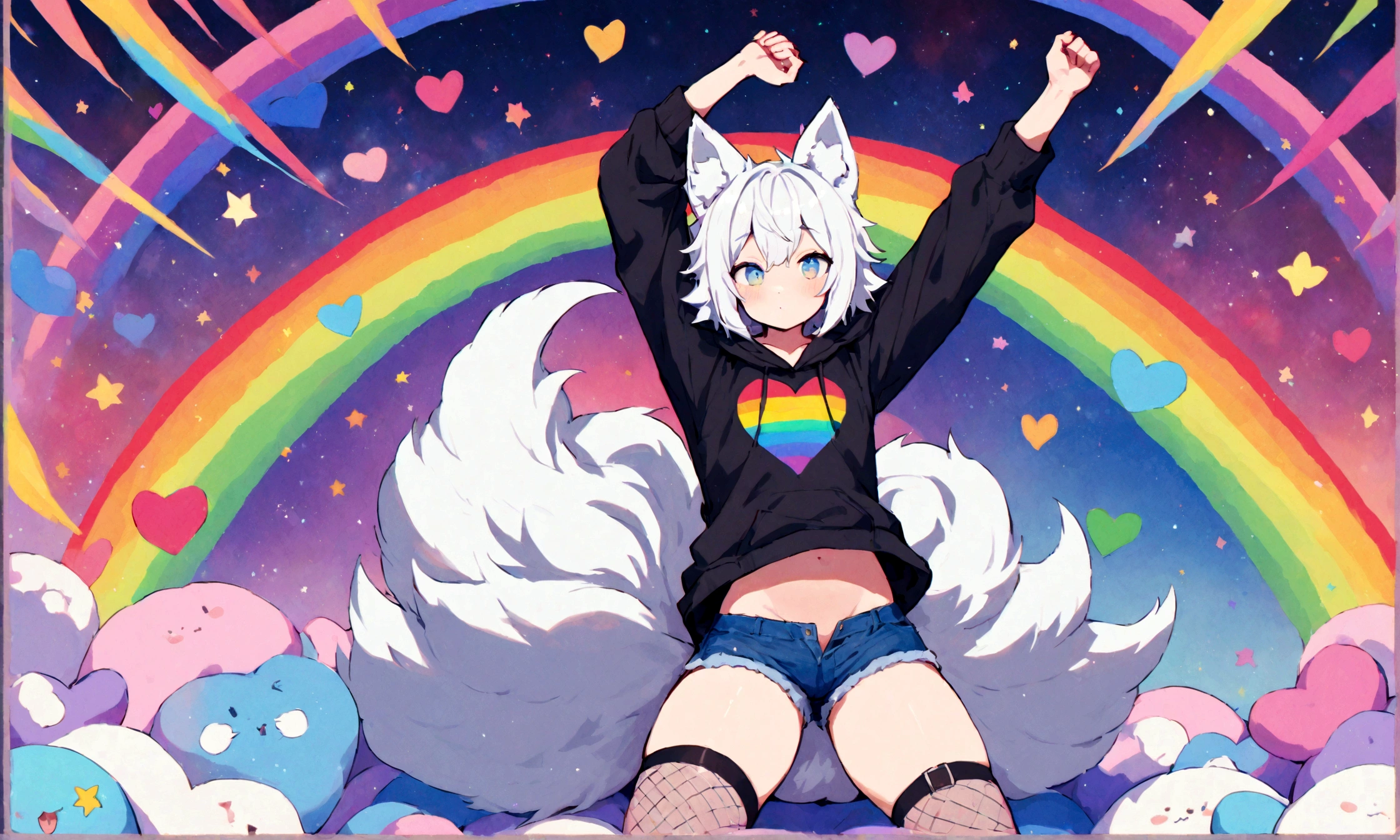 a cute adult male with wolf ears, white hair, has a wolf tail, wearing a loose cropped oversized black hoodie, wearing a pair of denim short shorts and fishnet stockings, thick thighs, wide hips, relaxing on mound of fluffy multi colored kawaii plushies, short, very slim, showing slender tummy, stretching out, heart on hoodie, squishy thighs, has glowing blue eyes. alone, solo (ALONE)(SOLO), surrounded by rainbows, colorful galaxy backround