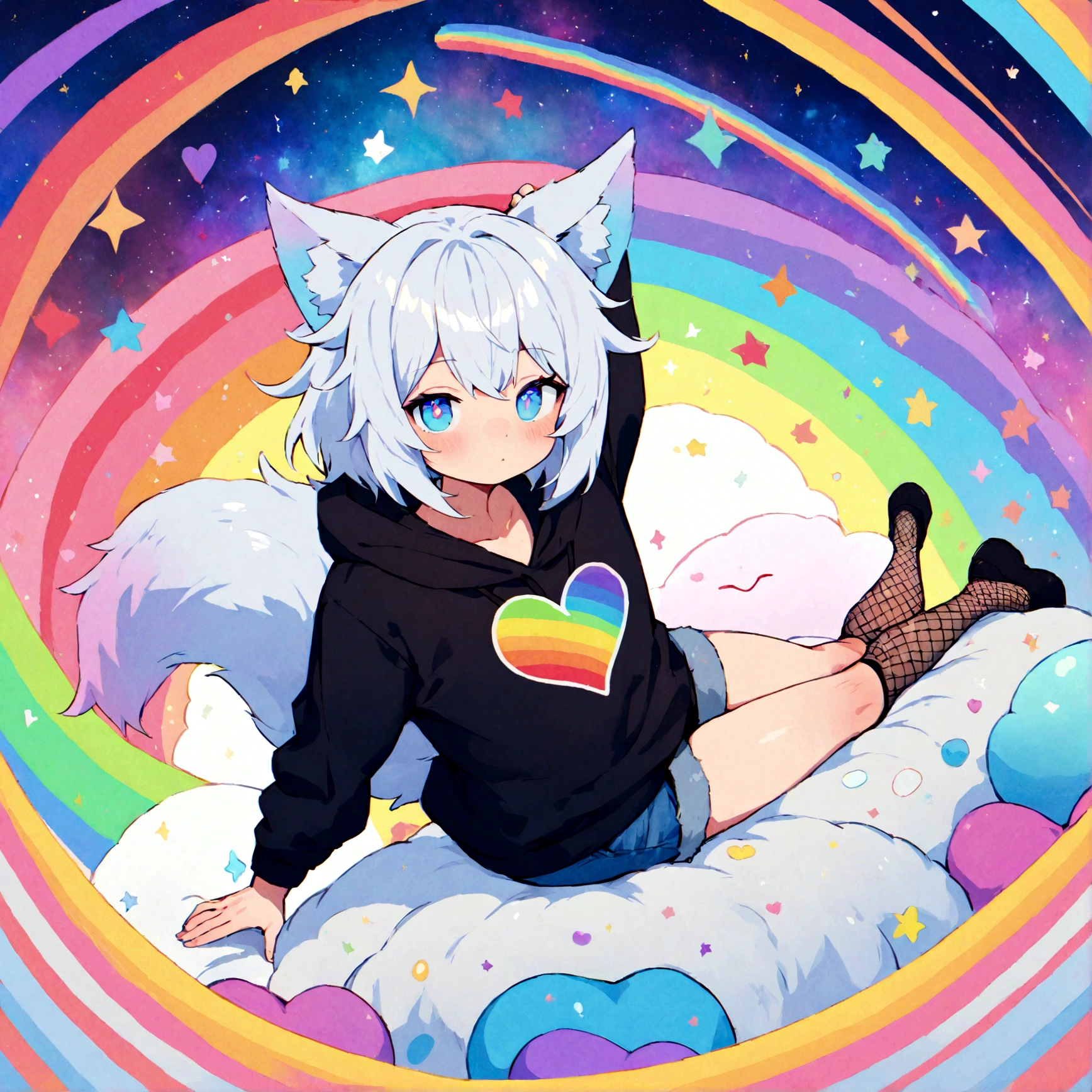 a cute adult male with wolf ears, white hair, has a wolf tail, wearing a loose cropped oversized black hoodie, wearing a pair of denim short shorts and fishnet stockings, thick thighs, wide hips, relaxing on mound of fluffy multi colored kawaii plushies, short, very slim, showing slender tummy, stretching out, heart on hoodie, squishy thighs, has glowing blue eyes. alone, solo (ALONE)(SOLO), surrounded by rainbows, colorful galaxy backround