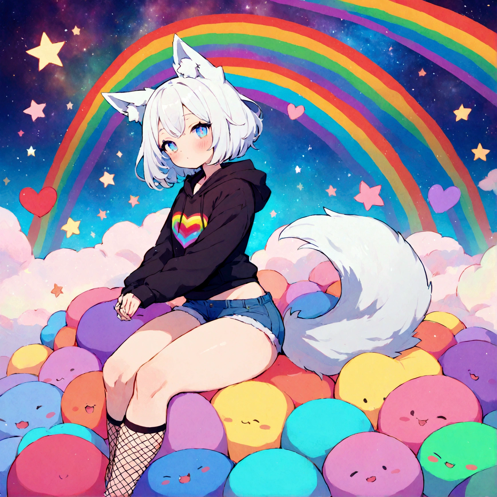 a cute adult male with wolf ears, white hair, has a wolf tail, wearing a loose cropped oversized black hoodie, wearing a pair of denim short shorts and fishnet stockings, thick thighs, wide hips, relaxing on mound of fluffy multi colored kawaii plushies, short, very slim, showing slender tummy, stretching out, heart on hoodie, squishy thighs, has glowing blue eyes. alone, solo (ALONE)(SOLO), surrounded by rainbows, colorful galaxy backround
