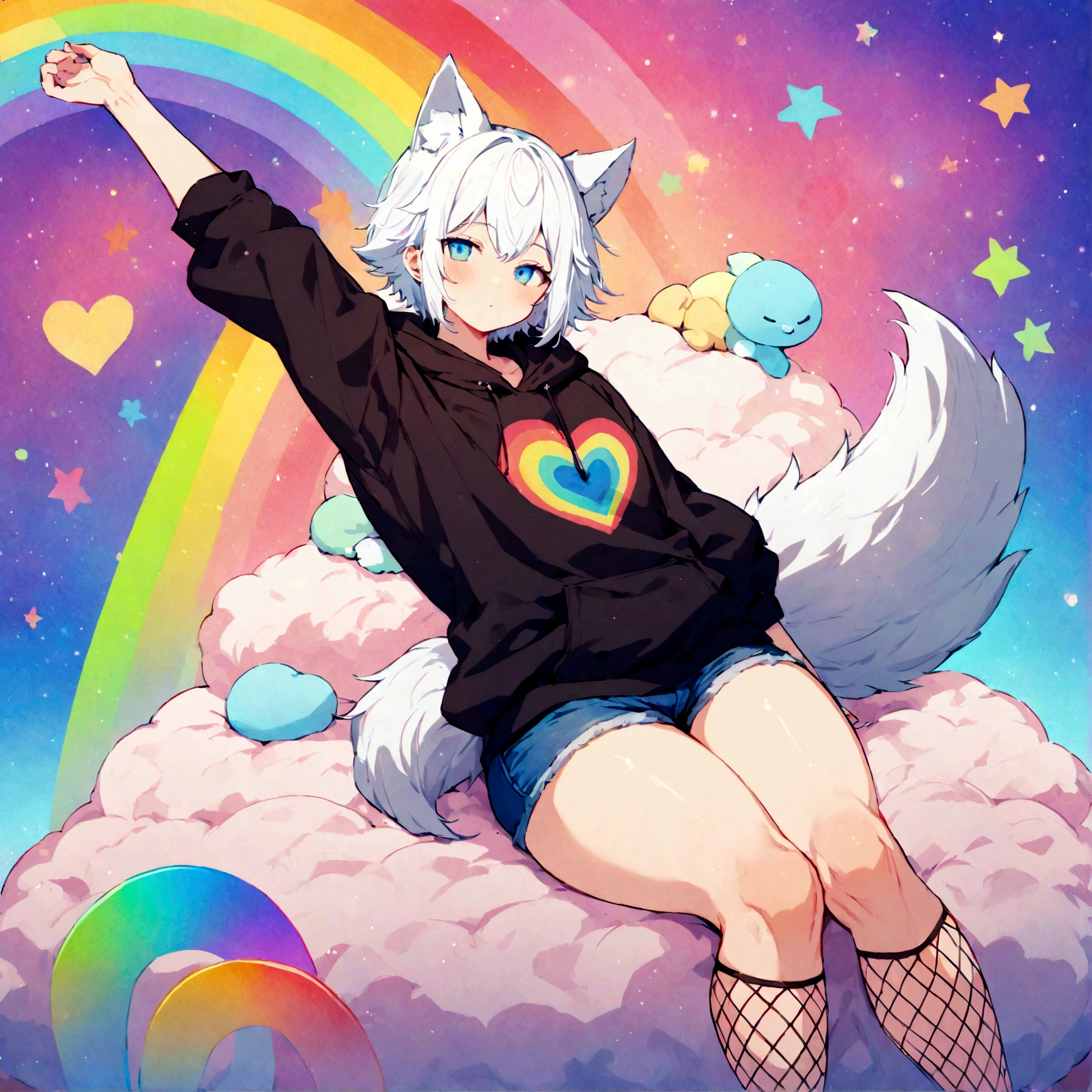 a cute adult male with wolf ears, white hair, has a wolf tail, wearing a loose cropped oversized black hoodie, wearing a pair of denim short shorts and fishnet stockings, thick thighs, wide hips, relaxing on mound of fluffy multi colored kawaii plushies, short, very slim, showing slender tummy, stretching out, heart on hoodie, squishy thighs, has glowing blue eyes. alone, solo (ALONE)(SOLO), surrounded by rainbows, colorful galaxy backround