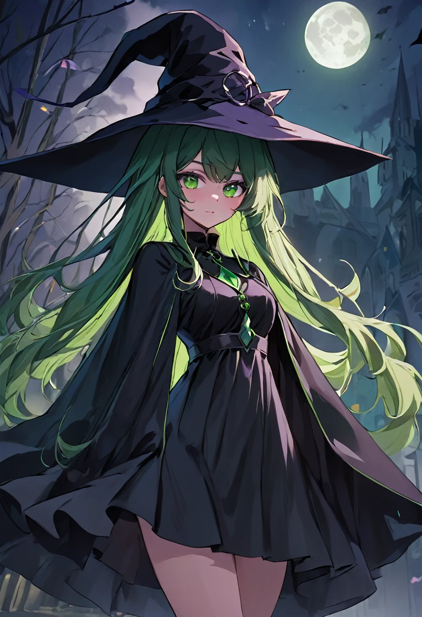 a close up of a person wearing a hat and dress, flirty anime witch casting magic, gothic maiden anime girl, anime girl with long hair, fashionable dark witch, in a cloak with long hairs, anime girl wearing a black dress, dark witch character, witch academia, with a green cloak, witch girl, classical witch, green hair, haloween, backgraund night alley