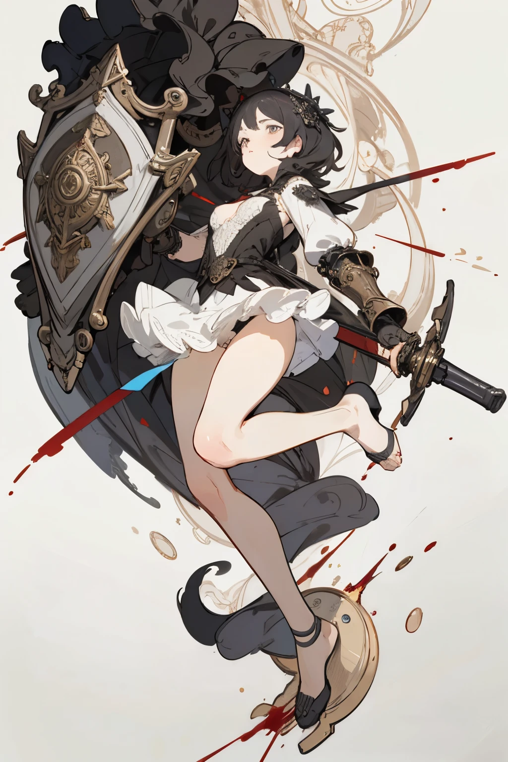 ((best quality)), ((masterpiece)), (detailed), perfect face ((best quality)), ((masterpiece)), (detailed), blank white background, plain background, white background, Bloodborne inspired, occult aesthetic, occult, detailed and intricate steampunk and detailed gothic, (zentangle, mandala, tangle, entangle), NSFW, Very dramatic and cinematic lighting, cosmic horror, grim-dark, side-lighting, perfect face, a beautiful goddess adorned and enshrined in armour, Fluttering lace flared short dress with frilly petticoats, Bloodborne inspired , occult aesthetic , occult , detailed and intricate steampunk and detailed gothic , wielding a sword and holding a shield, NSFW, beautiful small , small breastsbody, whole body, body, plain background, white background, blank background, no background, white background NSFW, full body, whole body, head-to-toe