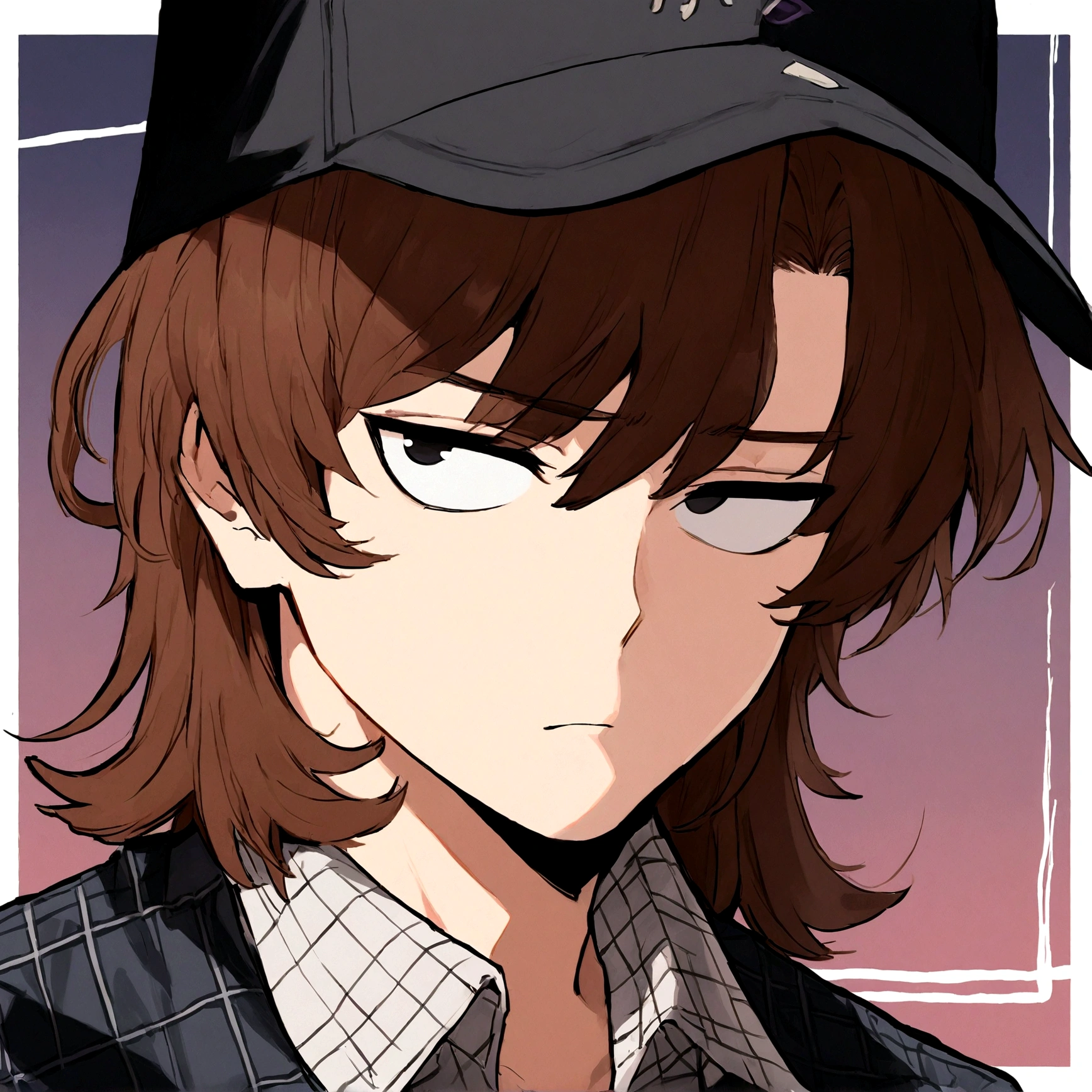 bust half-body, similar song kang, 18 year old korean man, black cap trucker, 2000s white shirt, plaid shirt, neutral expression, shaggy medium hair, brown hair, black eyes, hq style, highly detailed, high quality ilumination.