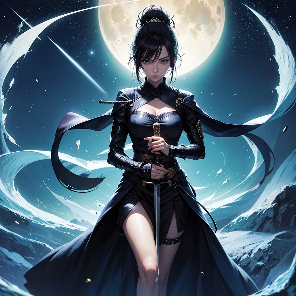 anime character with sword in hand in dark room with moon in background, she is holding a katana sword