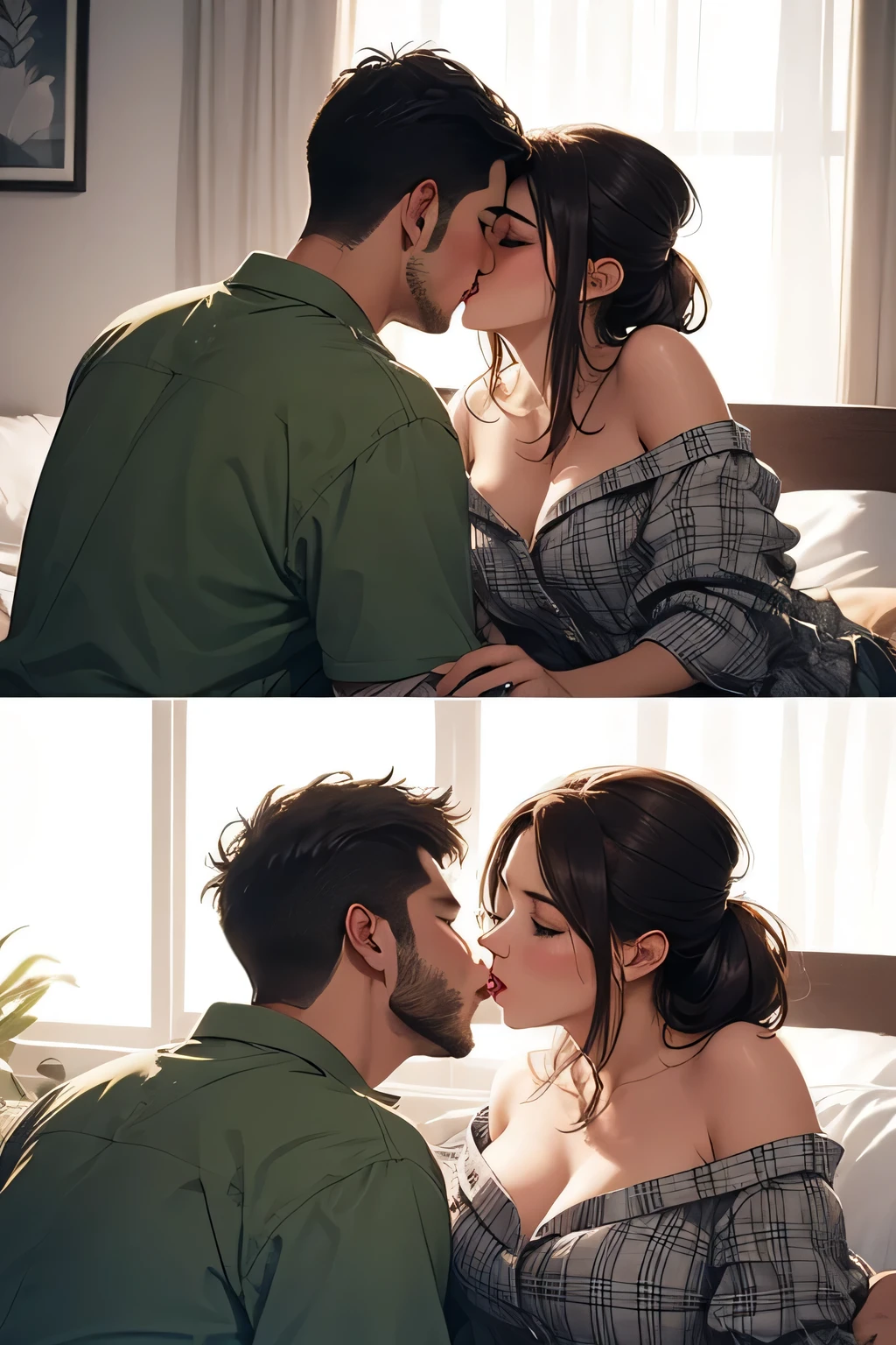 Amazing portait of a hot next door neighbour with her hair tied in a messy bun wearing an off shoulder checked olive green shirt that is unbuttoned and oversized kissing and making out passionately with her male neighbour on her bed in an intimate setting