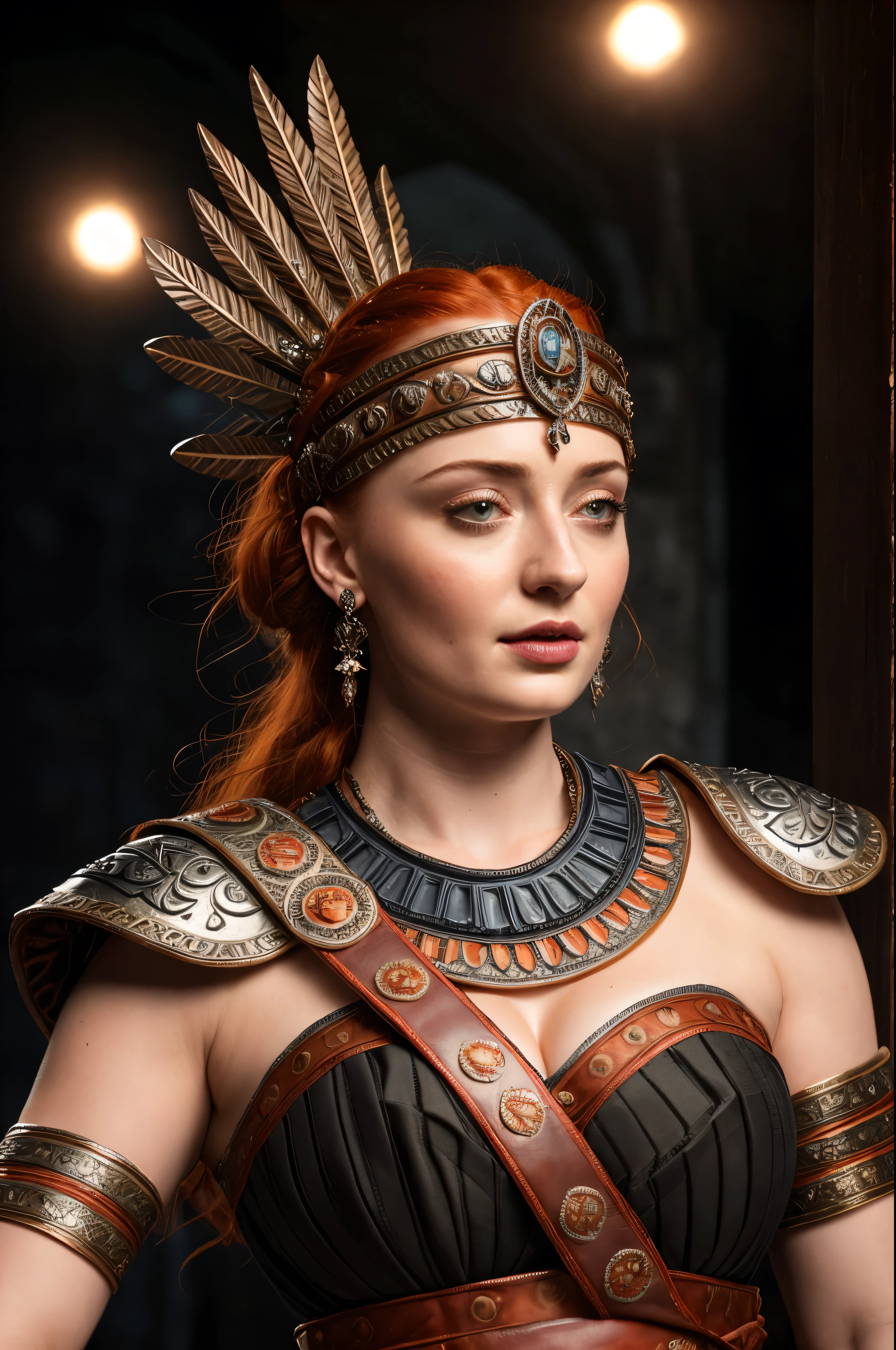 Face of Sophie Turner, Sansa Stark played by Sophie Turner, the de facto Lady of the Eyrie, is a 40-year-old mature queen with a stunning, alluring appearance. Full Face, Full figured woman, pierced eyes, reddish lips, upper body shot, erotic Mediaeval costumes, game of thrones costumes, She wears a Game of Thrones-inspired costume and has a deep cleavage, a perfect thick body, and a perfect thick figure. The photograph captures her in a close-up, with her skin texture and facial features being ultra-realistic and realistic. Juicy thick figure, high quality skin, Skin pores, amazing details, snow, snow flakes, semi realistic, extremely detailed eyes, dark moody orange and black settings, cool environment, artificial intelligence