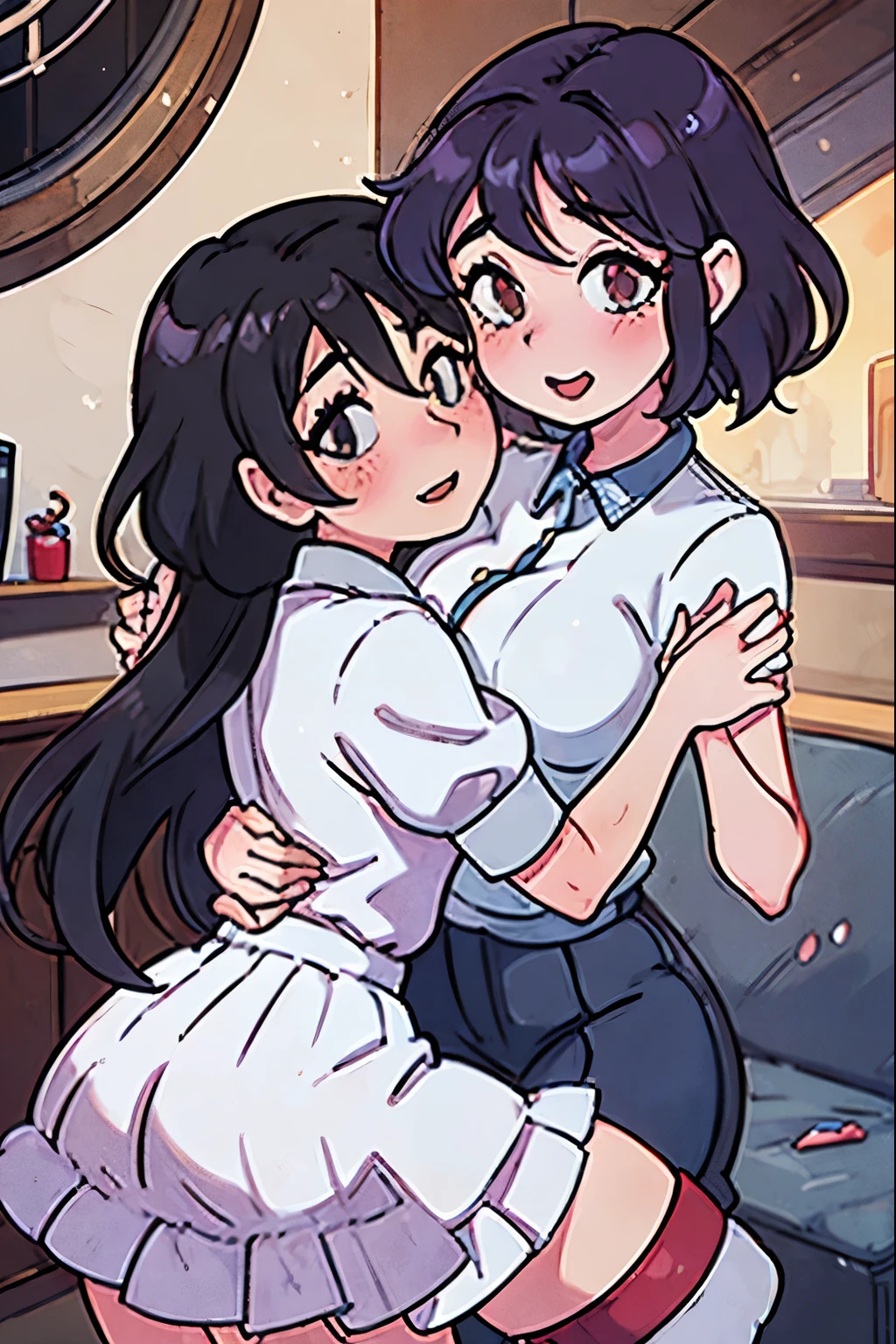 ( two girls ), girlfriends, lesbians, on a date, stylized, two women, mature date, cute, loving, embracing eachother, hugs, happy expressions, bright blush, excited happy faces, big breasts, mature, curved, plump, cute, anime cuteness, girlfriends, loving, flushed expressions, date, calming, ideal couple, anime