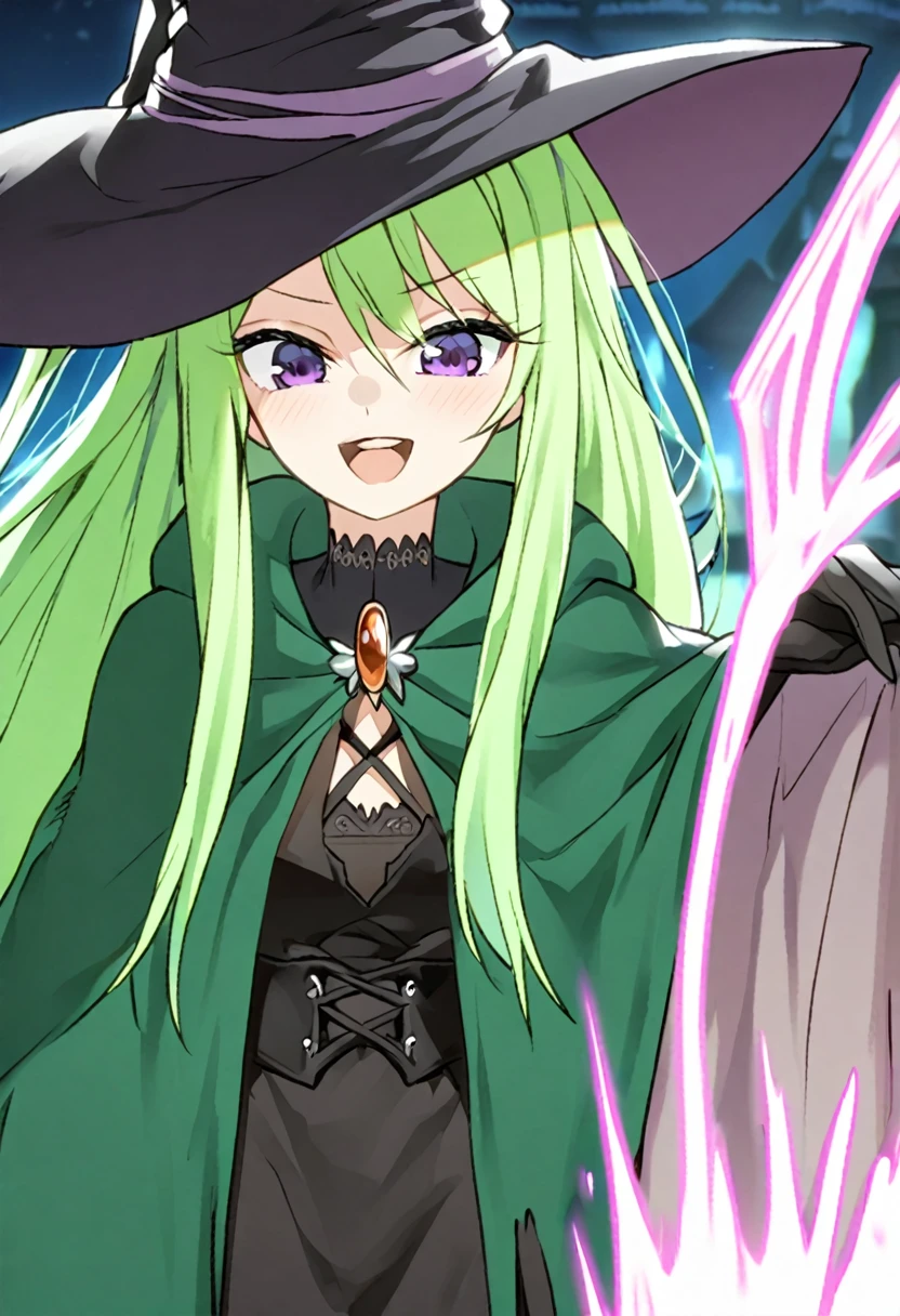 a close up of a person wearing a hat and dress, flirty anime witch casting magic, gothic maiden anime girl, anime girl with long hair, fashionable dark witch, in a cloak with long hairs, anime girl wearing a black dress, dark witch character, witch academia, with a green cloak, witch girl, classical witch, green hair, haloween, backgraund night alley