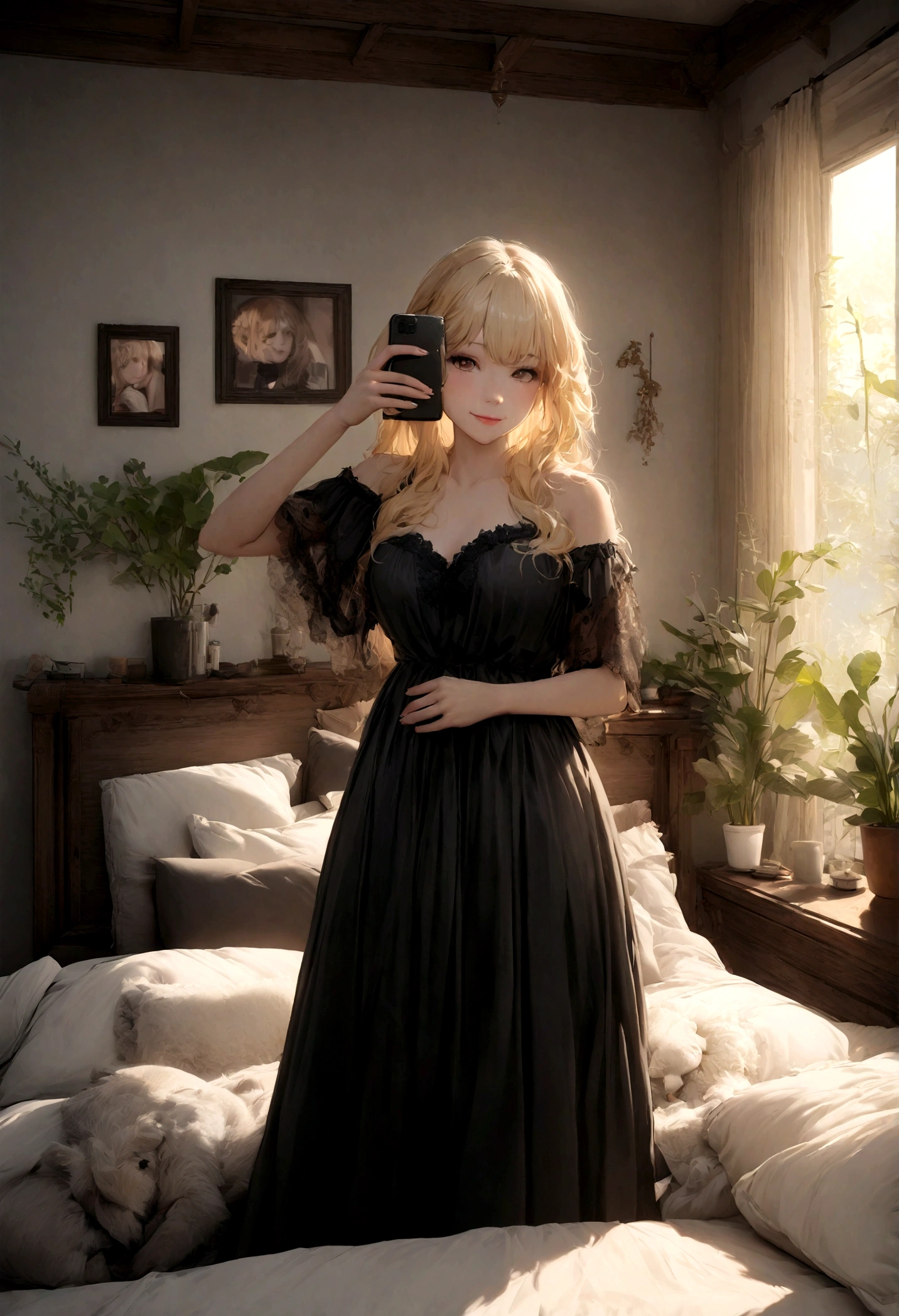 High quality, A super realistic blond girl in a fancy black dress, make her beautiful, beautiful blond hair, cute smile, she’s in her bed in a Super realistic bedroom, make the image look like the girl took a selfie, make the bedroom realistic and cozy with cute decoration and some realistic plant