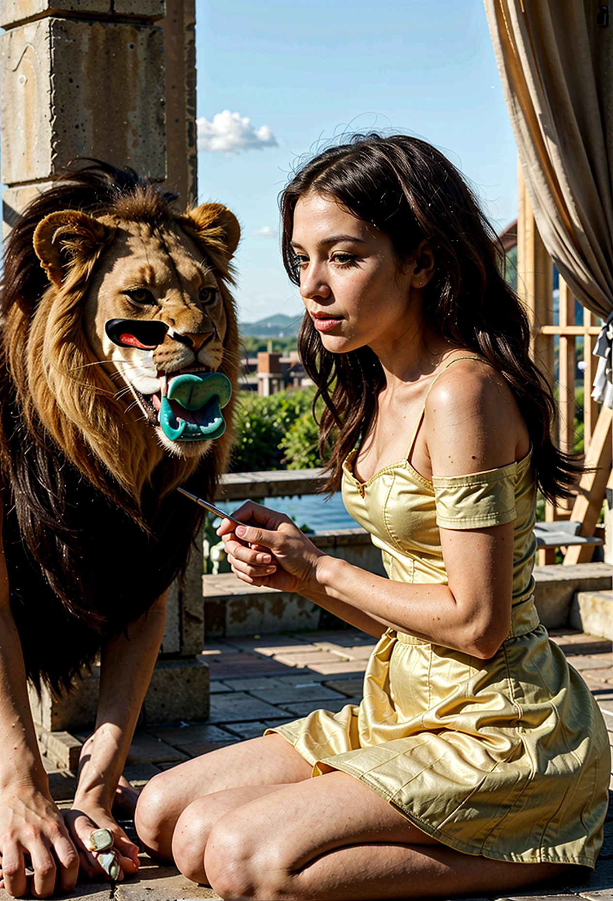 a princess talking to a lion. Picture for kids.