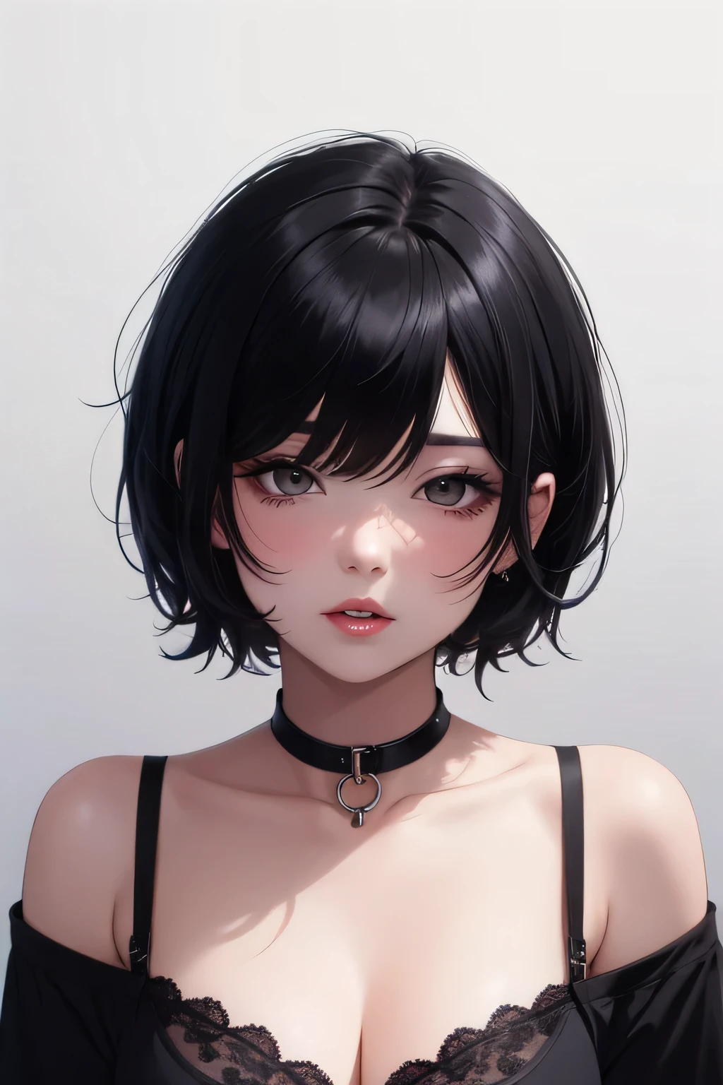 Amazing portrait of a cute goth woman with her short black hair in a bob hairstyle and she's wearing heavy eyeliner around her eyes and she's gazing at you seductively she wears an off shoulder t shirt that is orange and black with black bra straps