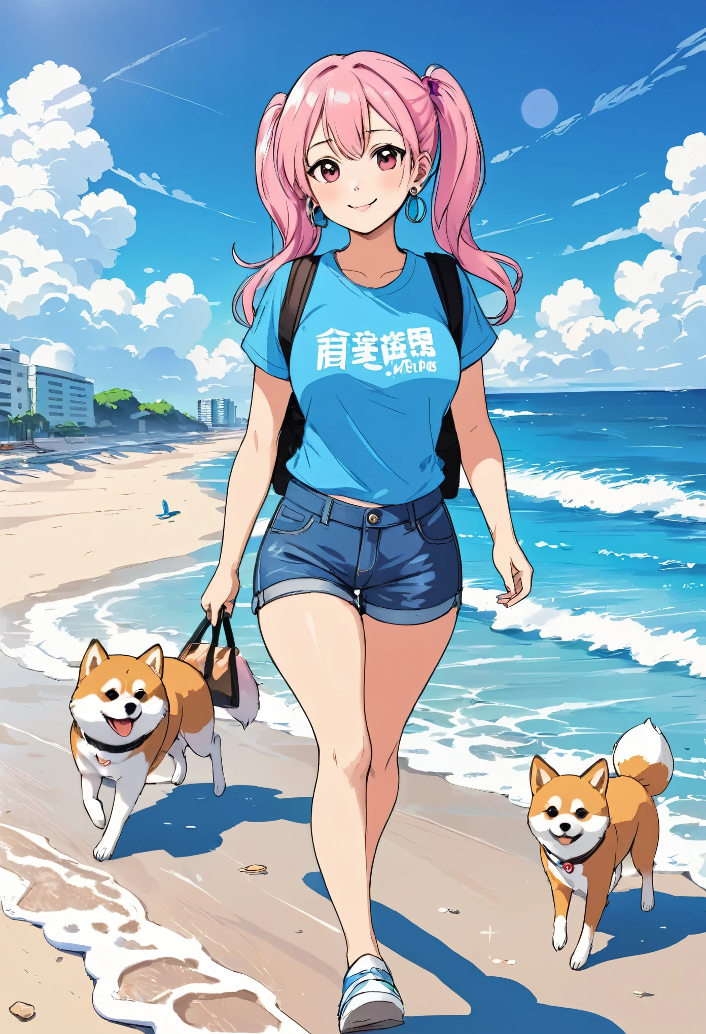 Illustration of a 25 year old woman with earrings, Light blue long hair, Beautiful girl with twin tails、Pink T-shirt and short denim shorts, She is walking along the beach、She is accompanied by her beloved Shiba Inu dog.、White clouds in blue sky、Bright smile、Digital illustration style, Manga style illustration, Beautiful art style, trending on artstration, Beautiful digital illustrations, Beautiful digital art, Cartoon Art Style, Cute and detailed digital art, Exquisite digital illustrations, Cute design, Great art style, Vector Art Style, Digital anime illustration, 2D illustration