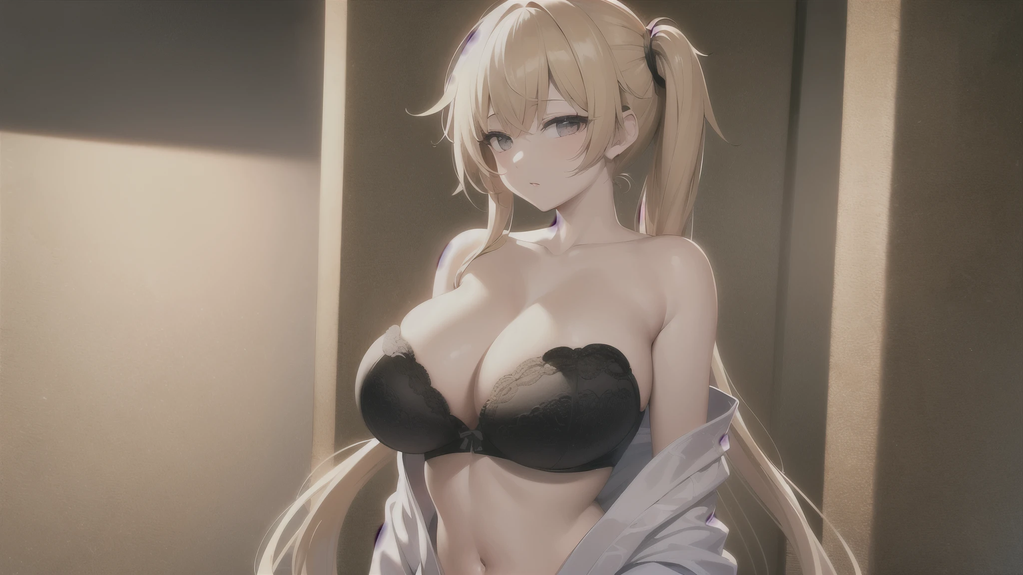 (((masterpiece, best quality))), (((superior quality))), cute girl, ((extremely detailed girl)), ((huge breasts)), (yukata), (bare shoulders), strapless top, twin-tail blonde, bra