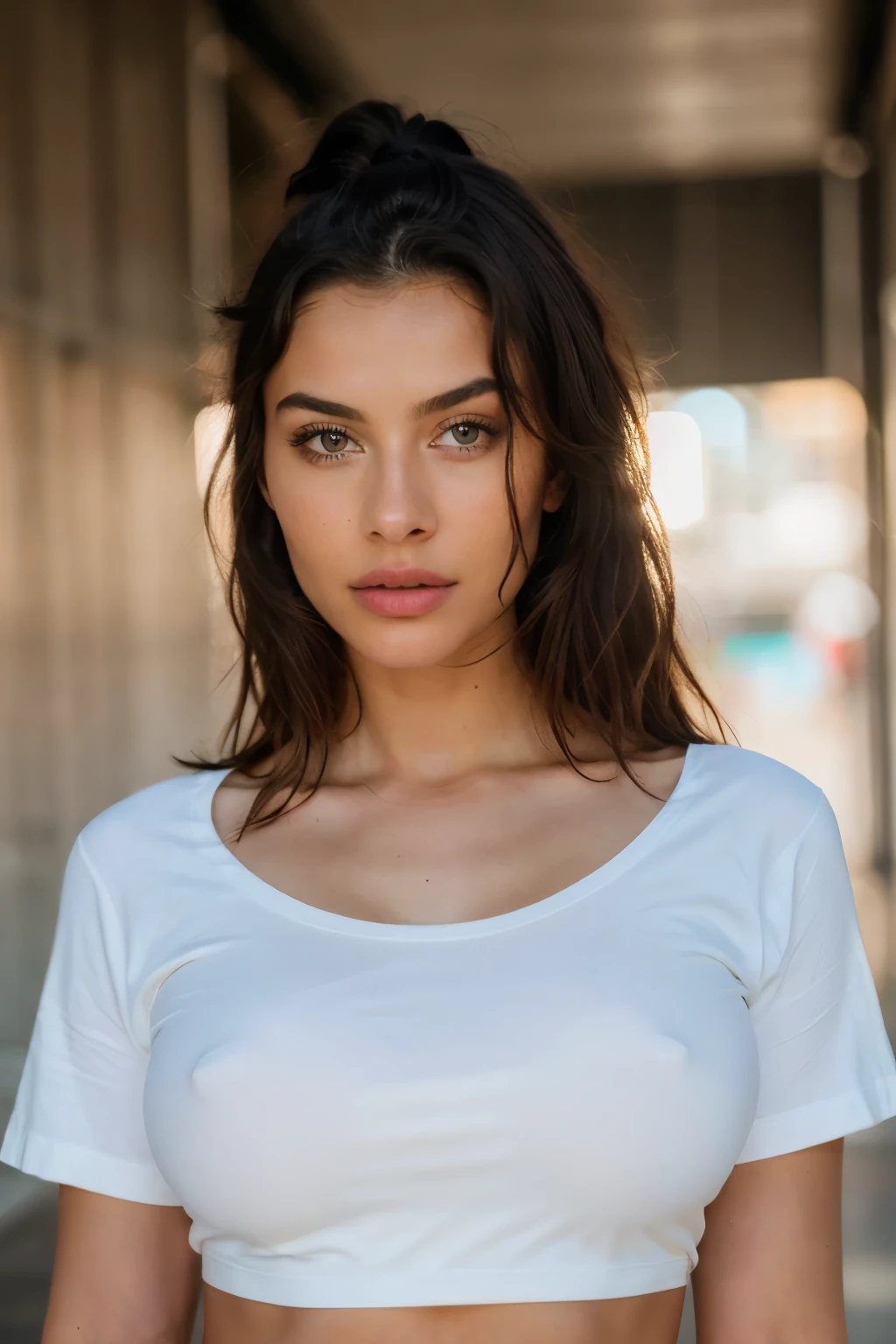 Photorealistic, ultra-high-definition, Famous TikTok model, portrait photo, Solo, posing, fashion show background, brightly lit, high-quality, looking directly into the camera, immaculate white t-shirt accentuating her toned stomach, professional, 4K, sharp focus, highly detailed, realistic skin texture, intricate details, maximum detail, grain texture for that authentic film look, post-processing, real life, ultra-realistic, photorealism, photography, 8K UHD, photography.