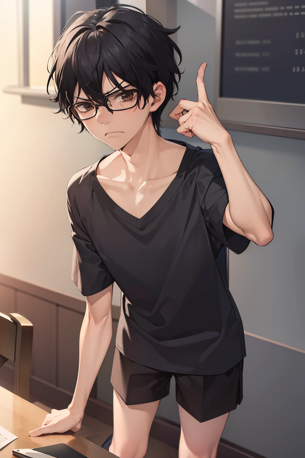 masterpiece, best quality, wallpaper, looking away,standing,Angry expression,Hand pointing, very angry,,1boy, solo, depth of field, momo_sakaki, black hair, brown eyes, hair between eyes, black shirt, Short sleeves shirt,black shorts, glasses, 16k resolution,close up photo 