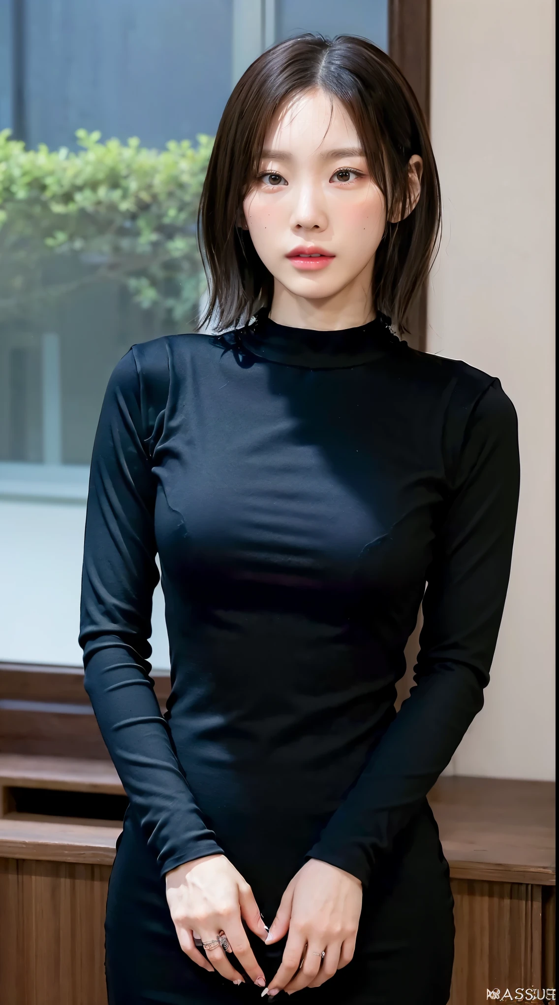 (masutepiece,High quality:1.3),(depth of fields:1.3) ,((front body:1.35)), Japanese ,woman, no makeup,Super detailed hand,standard height, (black Long Sleeve Round neck T-shirt Maxi Tight Dress:1.2), (huge breasts:1.2), thicc, curvy,(Looking at Viewer:1.3),(full body:1.2),Inside the office by the window