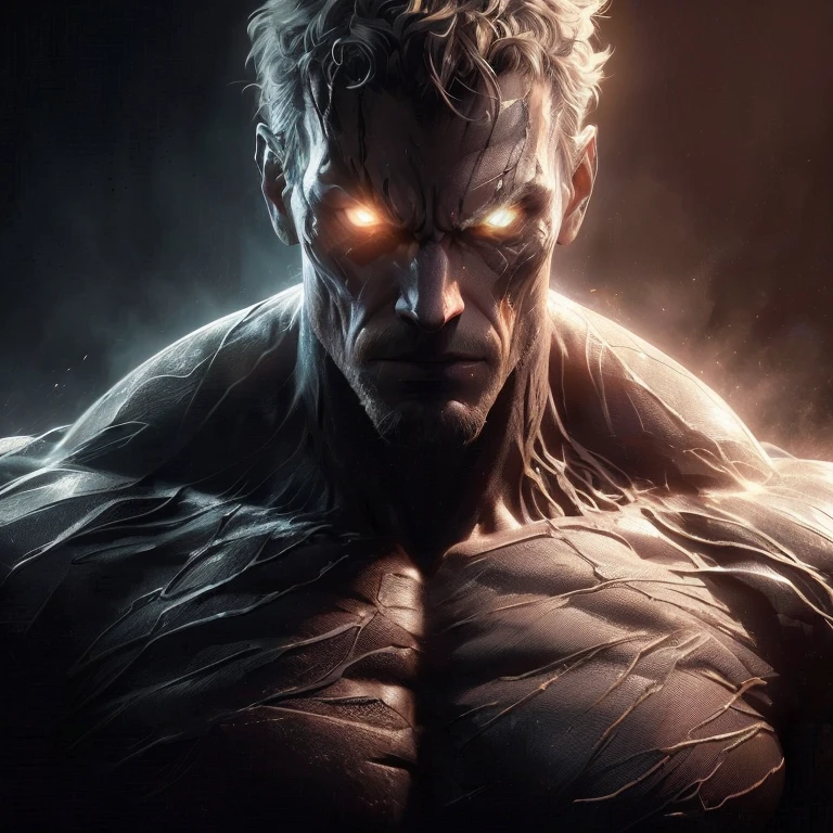 uma imagem de corpo complede um homem com um rosto e um corpo brilhantes, ripped military jeans, bota preta, intimidating lighting, epic portrait of menacing, arte conceitual escura fotorrealista, shiny metallic eyes, arte conceitual digital de alta qualidade, epic digital concept art, arte de jogo ultra detalhada, glowing and epic, epic sci-fi character art, epic scifi character art, musculoso e assustador,