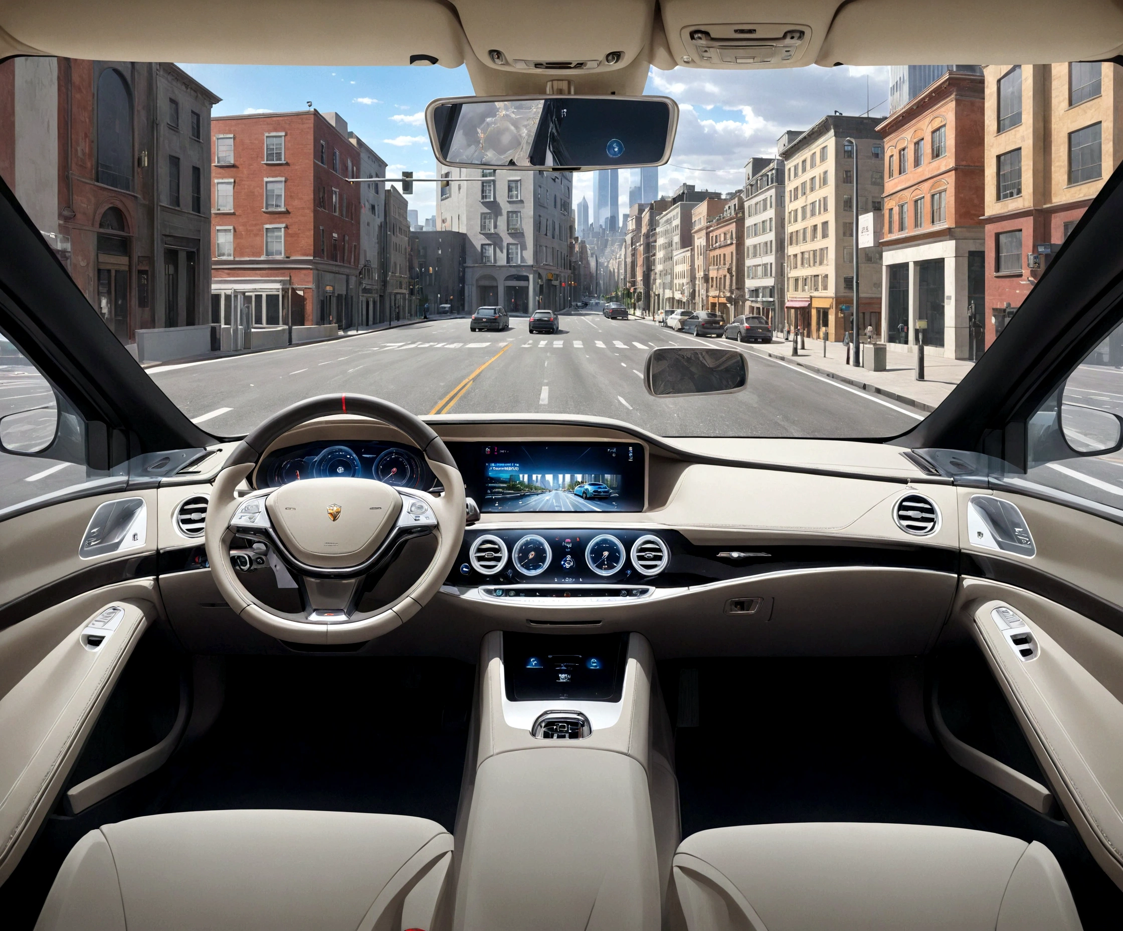 arafed view of a car with a dashboard and a view of a city, inside of a car, interior background, full view of a car, wide fov, a hyper realistic, hyper detailed scene, hyper-realistic, hyper - realistic, highly detailed environment, inside a grand, luxury, first person view perspective, realistic depiction, holographic display lenses