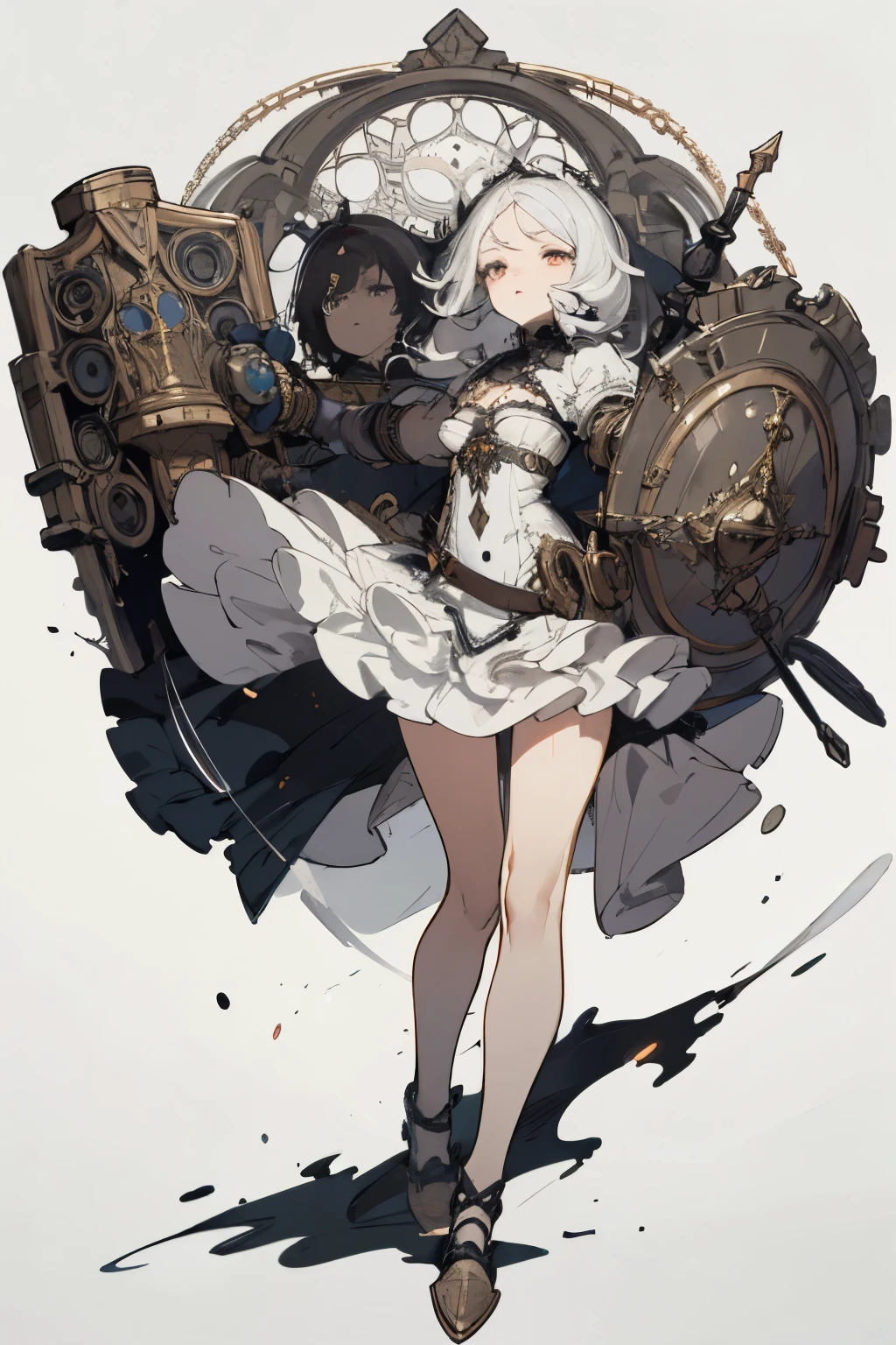 ((best quality)), ((masterpiece)), (detailed), perfect face ((best quality)), ((masterpiece)), (detailed), blank white background, plain background, white background, Bloodborne inspired, occult aesthetic, occult, detailed and intricate steampunk and detailed gothic, (zentangle, mandala, tangle, entangle), NSFW, Very dramatic and cinematic lighting, cosmic horror, grim-dark, side-lighting, perfect face, a beautiful goddess adorned and enshrined in armour, Fluttering lace flared short dress with frilly petticoats, Bloodborne inspired , occult aesthetic , occult , detailed and intricate steampunk and detailed gothic , wielding a sword and holding a shield, NSFW, beautiful small breasts, small breasts, full body, whole body, body, plain background, white background, blank background, no background, white background NSFW, full body, whole body, head-to-toe
