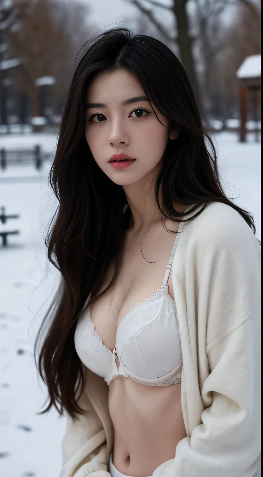 Best quality, masterpiece, ultra high res, (photorealistic:1.5), raw photo, 1girl, in the park, deep shadow, low key, cold light, sexy look, long hair, fabric bra, winter, snow