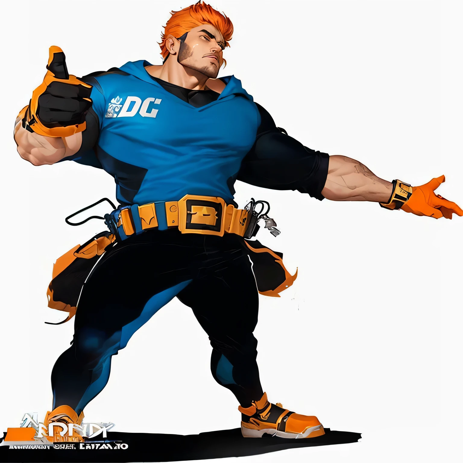 homem arafiado com camisa azul e luvas laranja segurando um cinto de ferramentas, comic character, personagem de quadrinhos, comic character design, arte do personagem o contra, hero action pose, arte conceitual especializada em alto detalhe, heroic male pose, arte em alta qualidade, design de personagem policial, commission for high resolution, arte conceitual hd, hero pose, arte oficial do personagem, estilo de quadrinhos dc