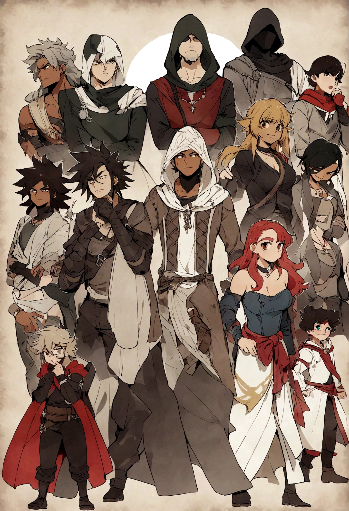 O Jovem carneiro de Capuz, coado sobre os olhos, capuz, luz difusa,Nevoeiro ao fundo,O estilo do jogo Assassin Creed